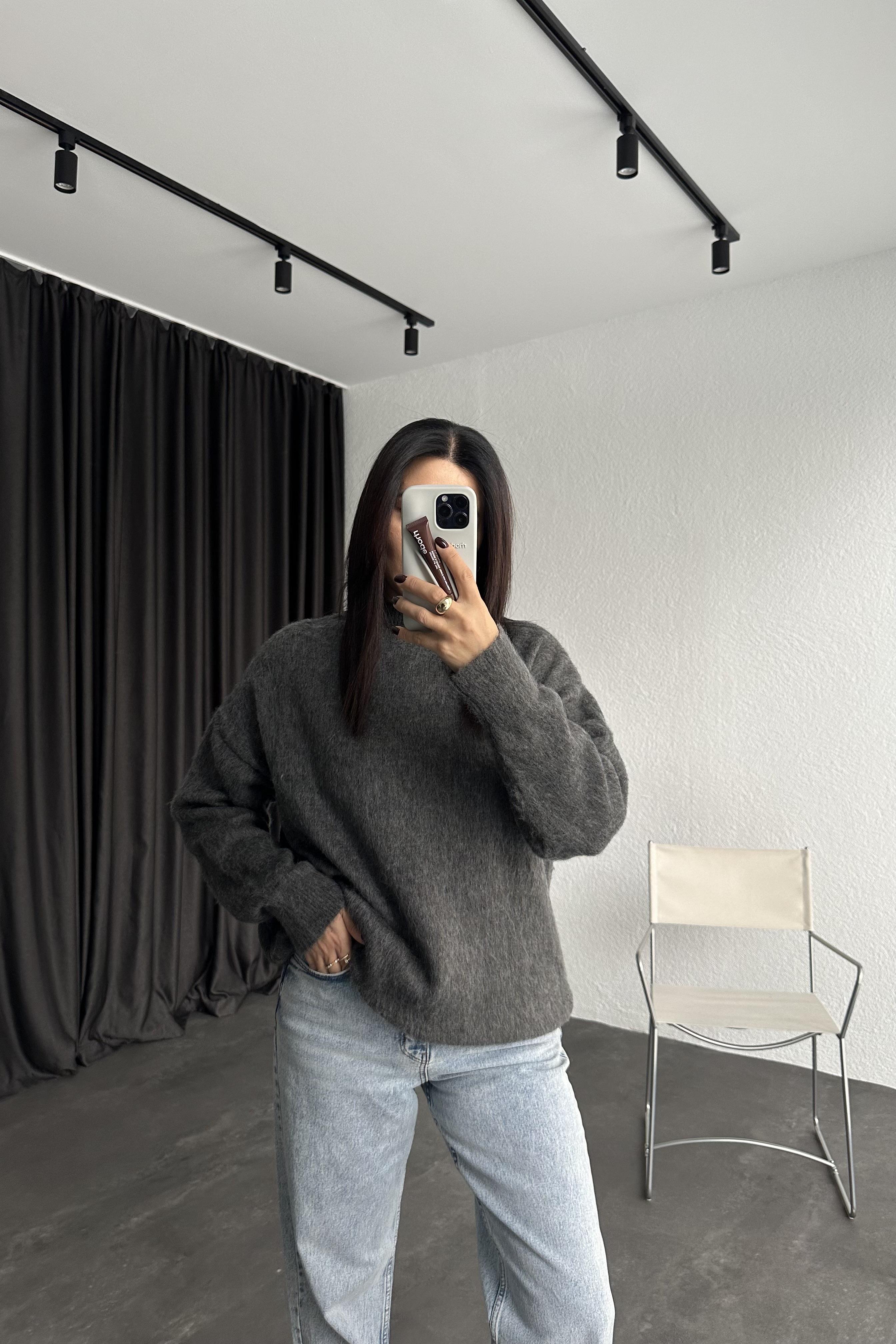 Gri Marka Model Bisiklet Yaka Şardonlu Basic Triko Kazak