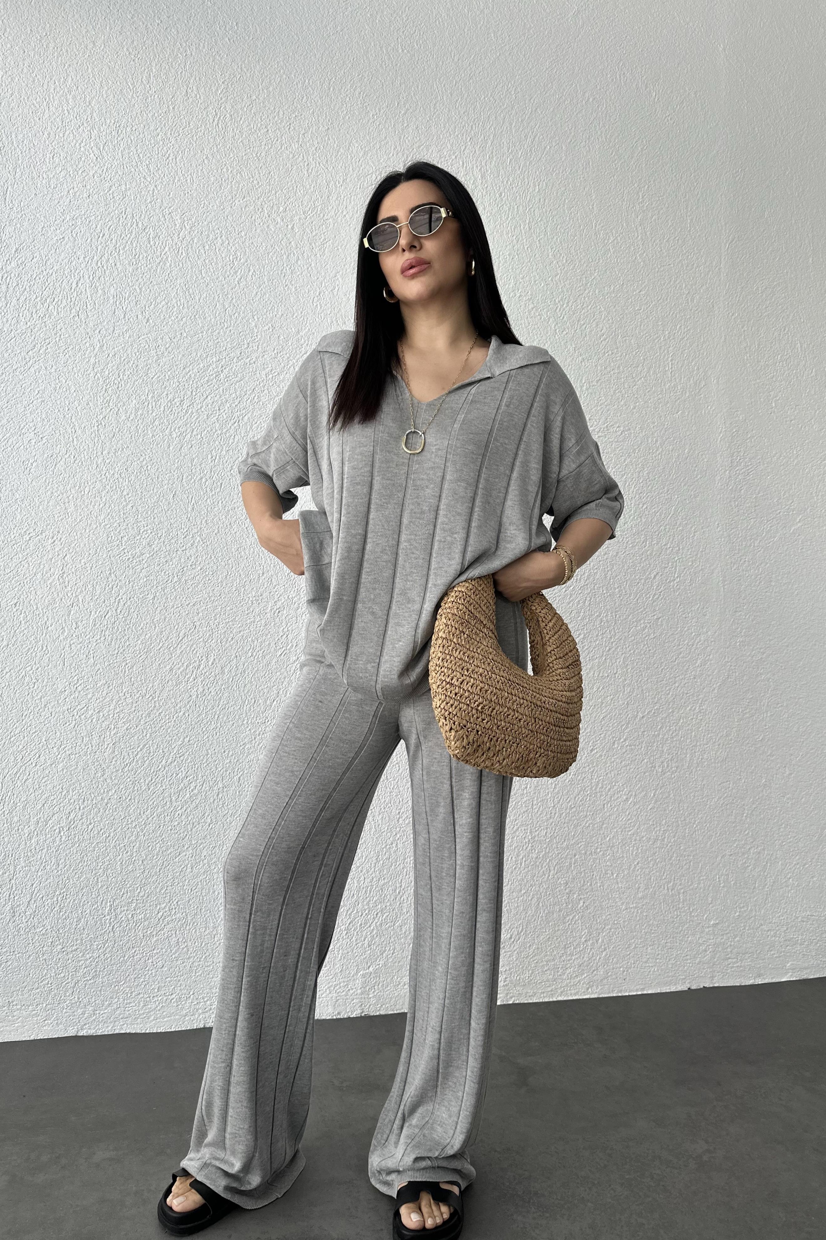 Gri Renk Oversize Yazlık Triko Takım