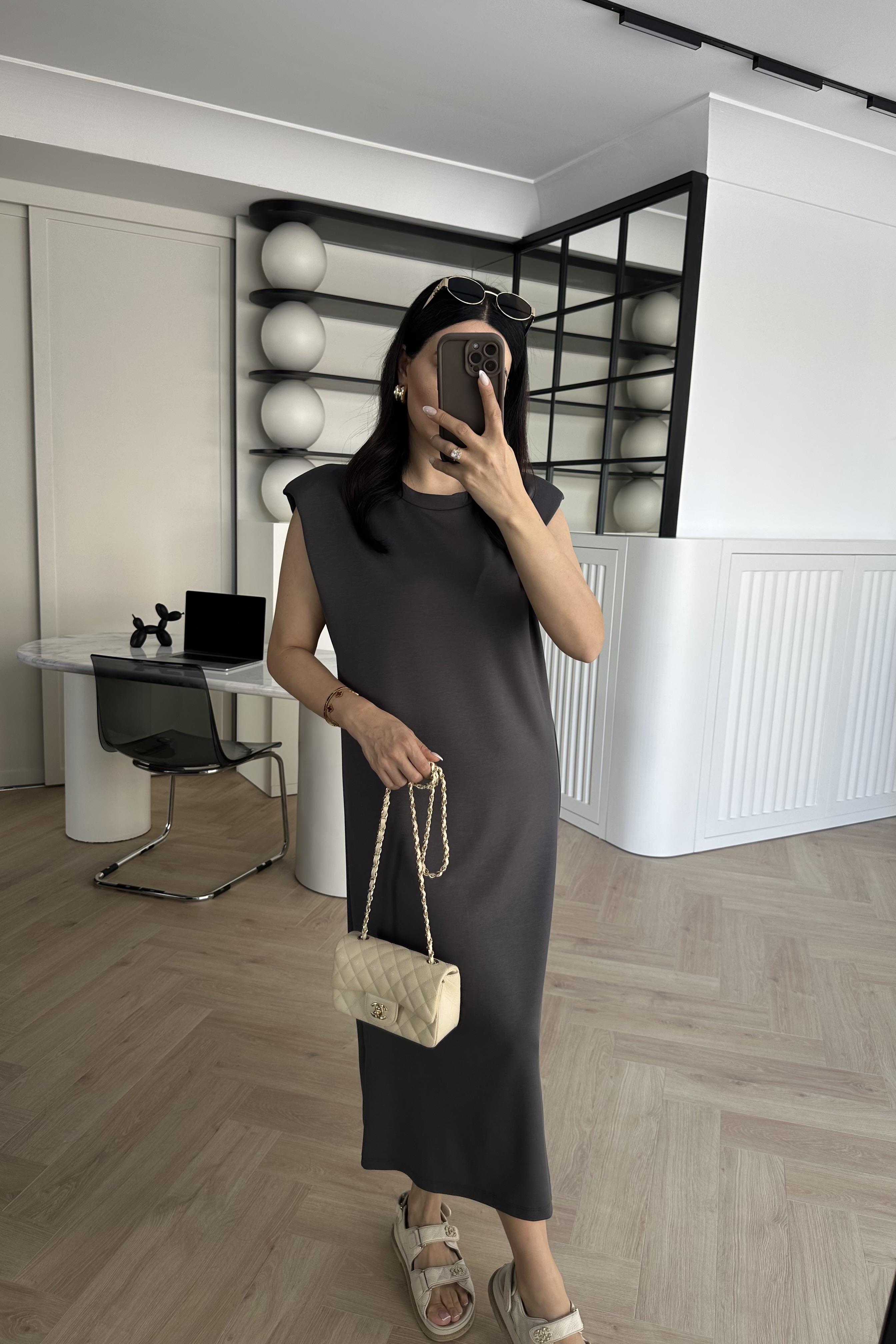 Gri Vatkalı Modal Kumaş Rahat Elbise