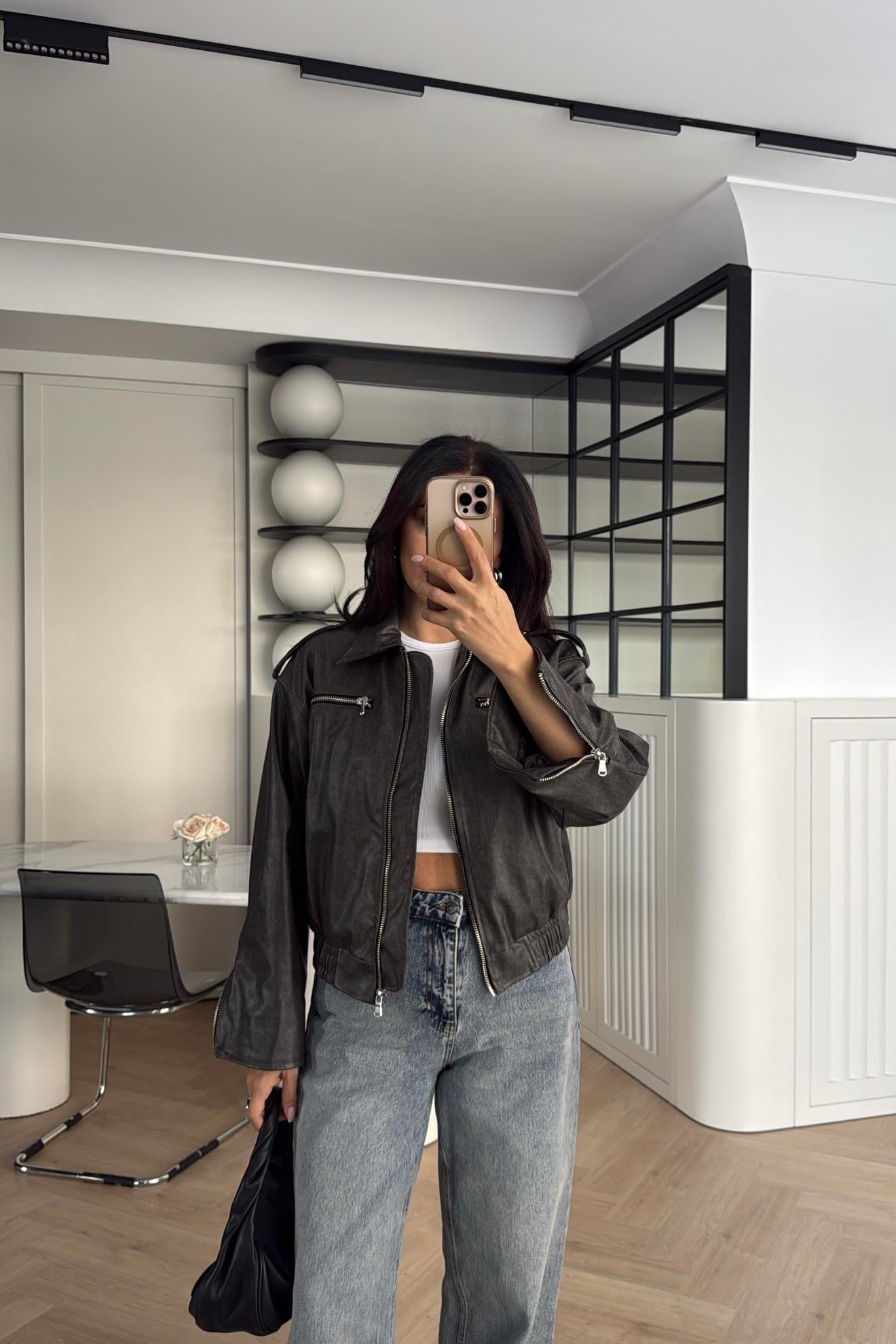 GRİ YIKAMALI APOLETLİ DERİ CEKET