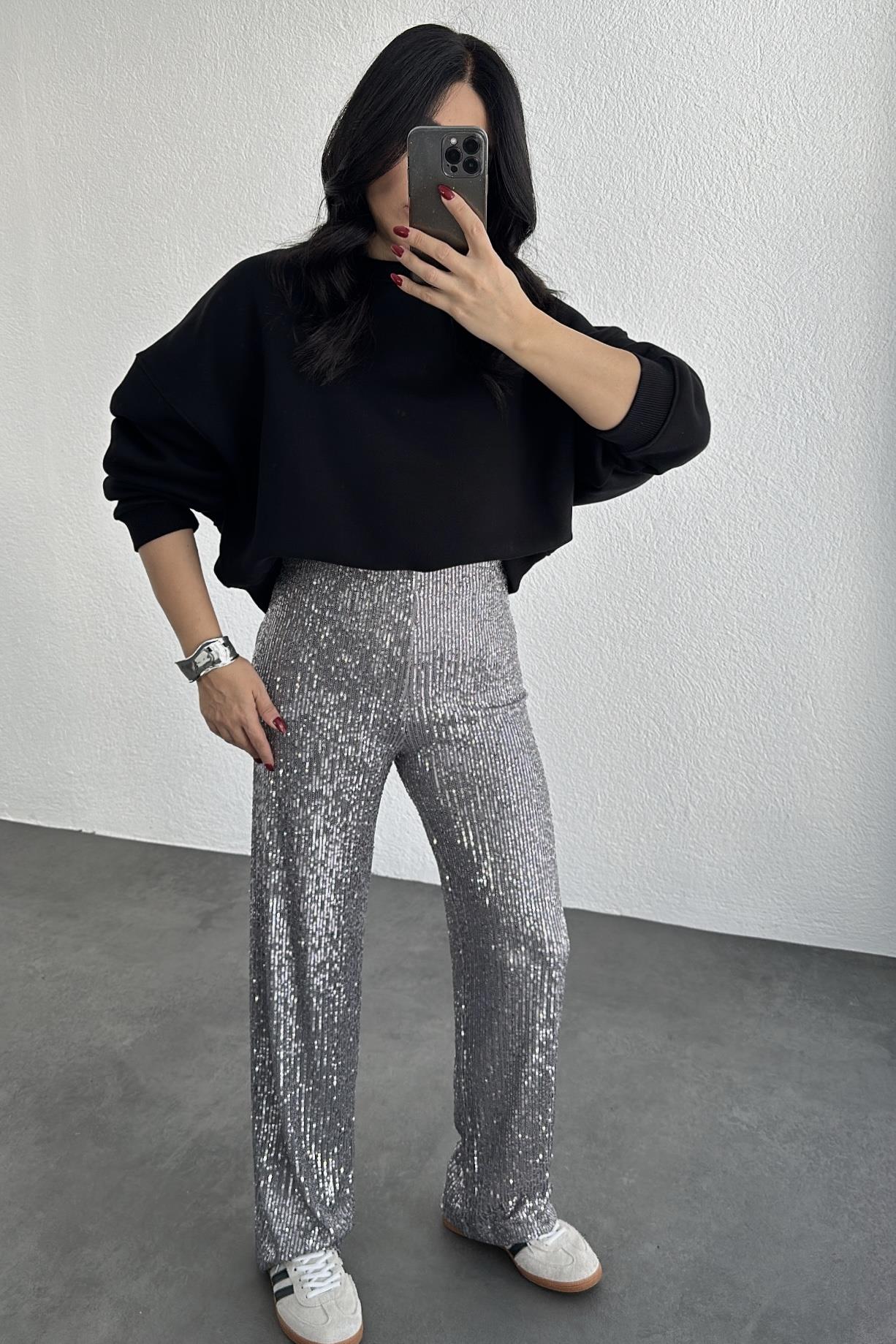 Gri Yüksek Bel Pul Payet Dokuma İçi Astarlı Beli Lastikli Pantolon 