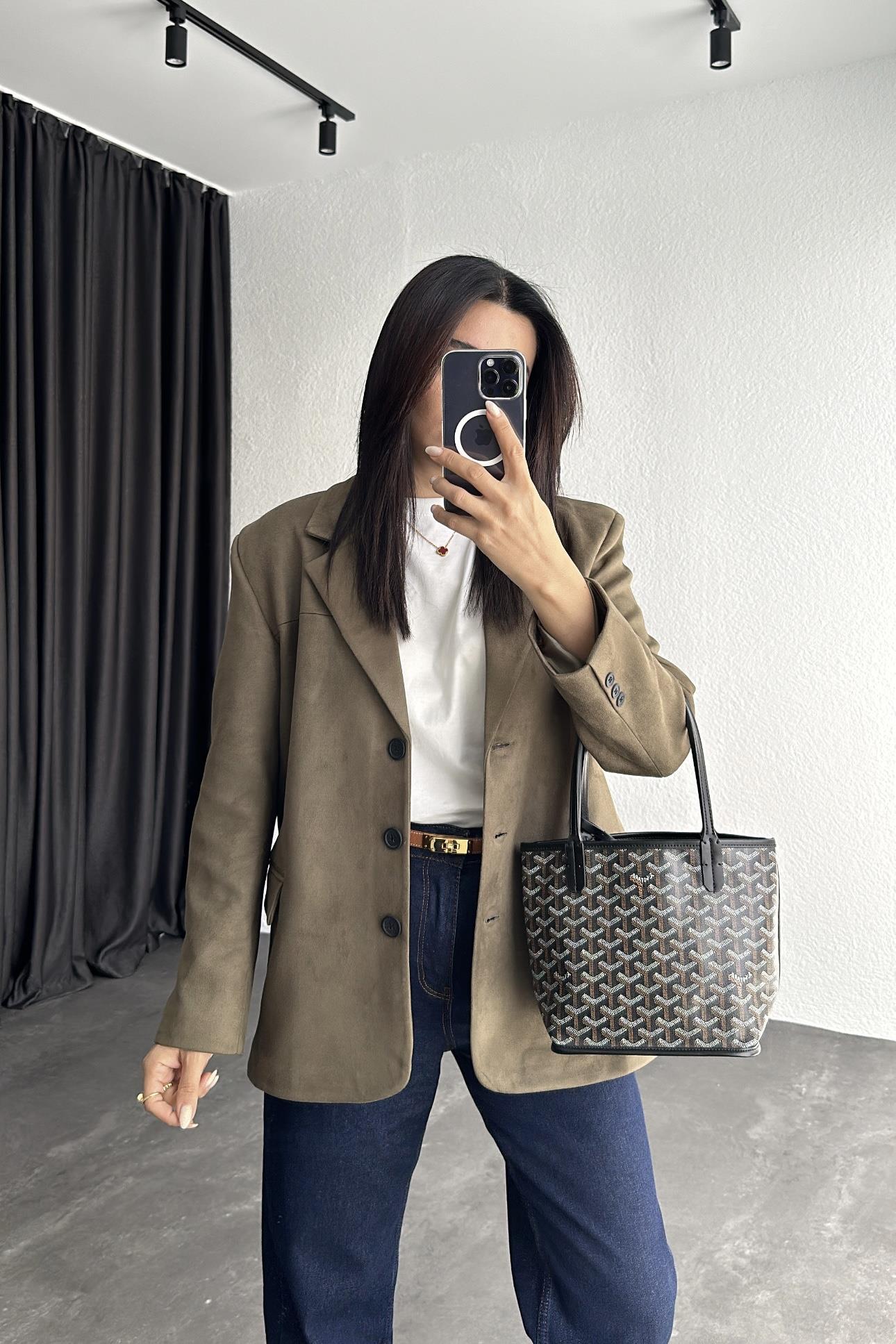Haki Astarlı Nubuk Blazer Ceket