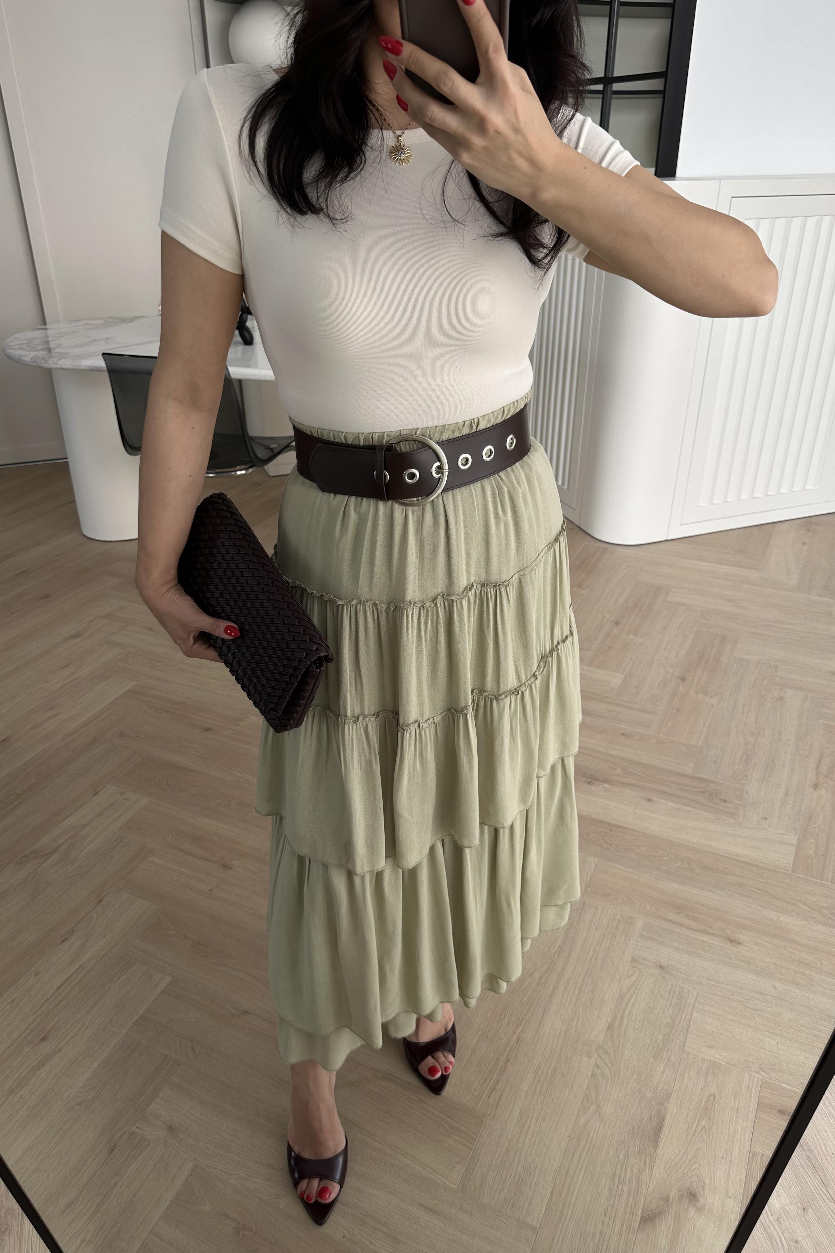 Haki Bohem Kemerli Vual Kumaş Etek