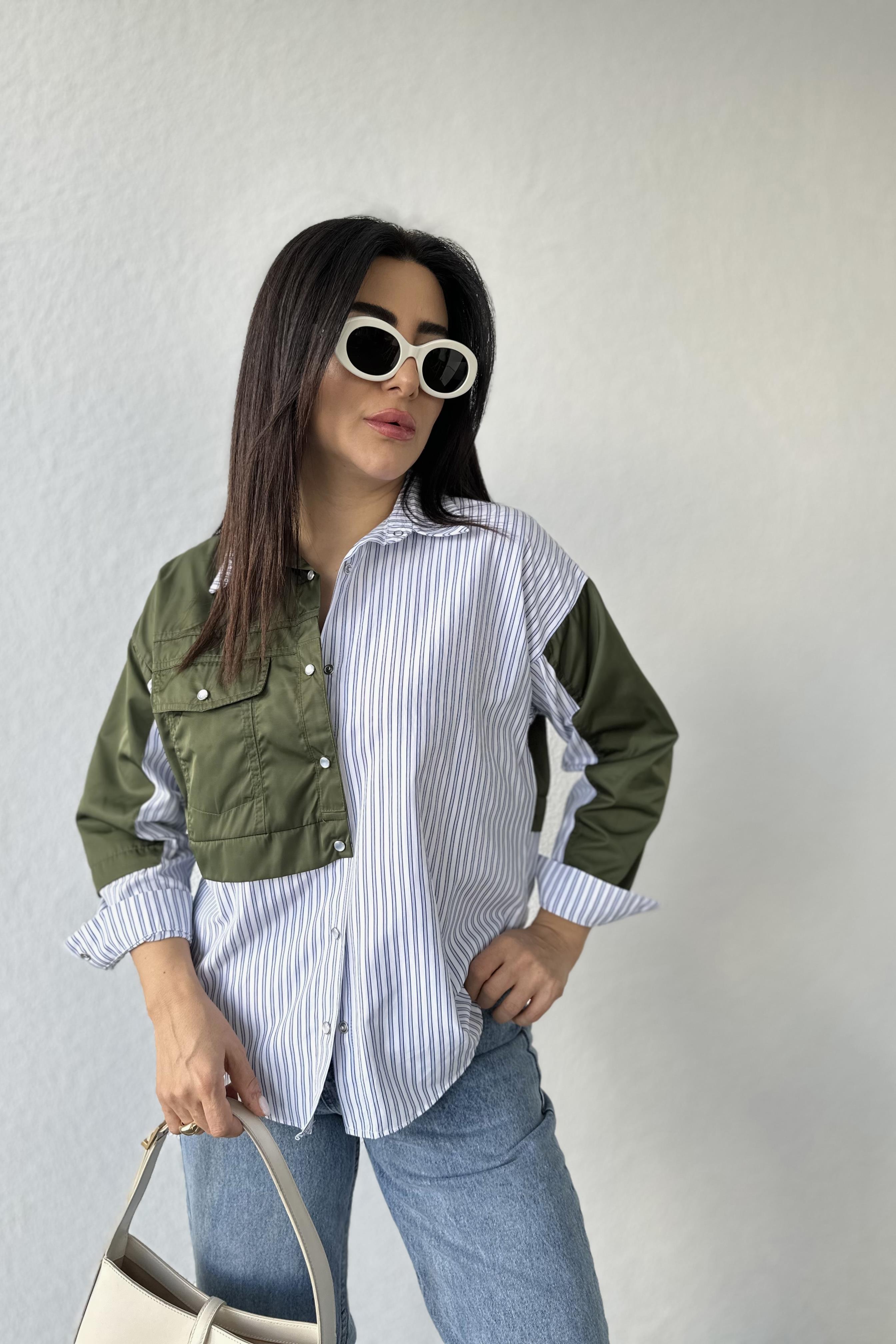 Haki Çizgili Tasarım Gömlek