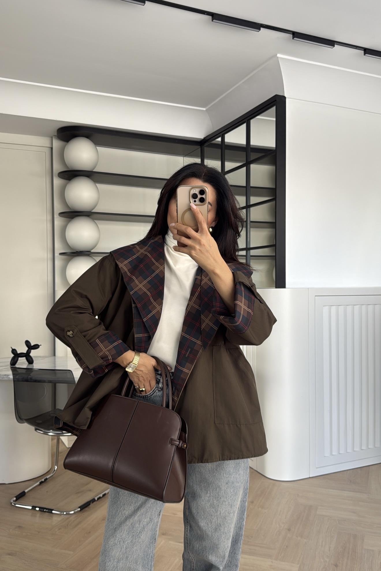 HAKİ EKOSE DETAYLI ÇİFT TARAFLI CEKET 