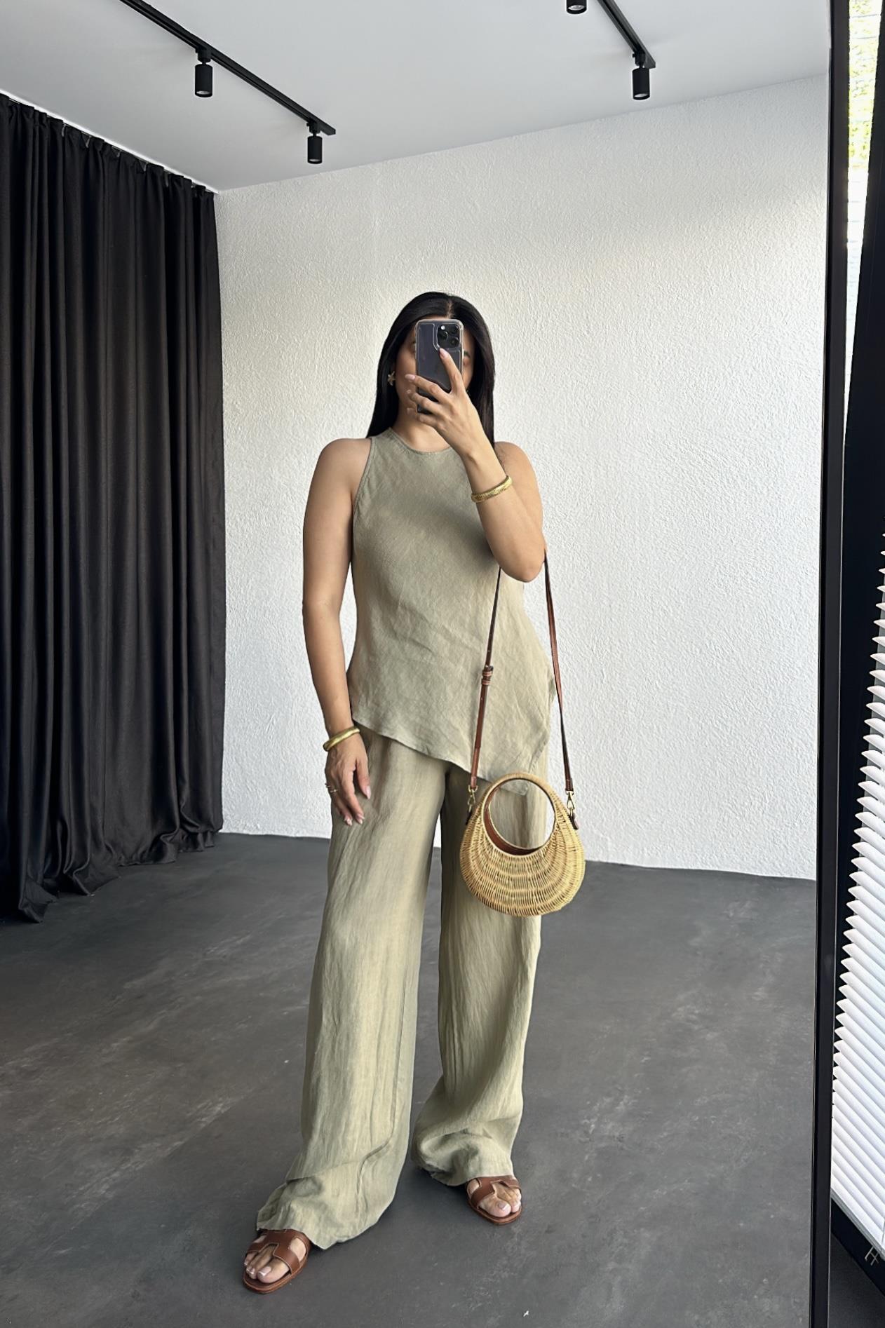 Haki Ham Keten Bluz Pantolon Takım 