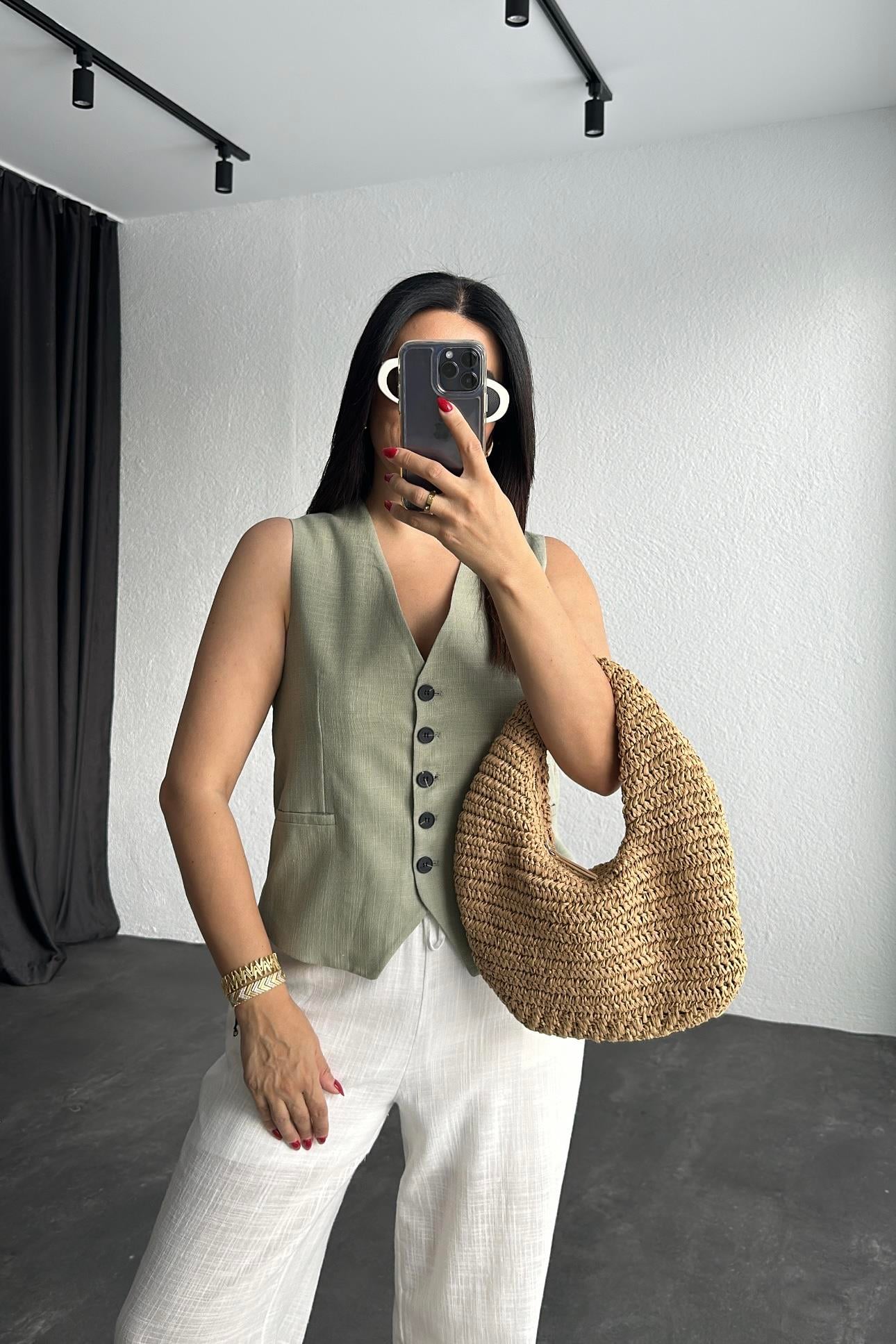 Haki Keten Astarlı Yelek 