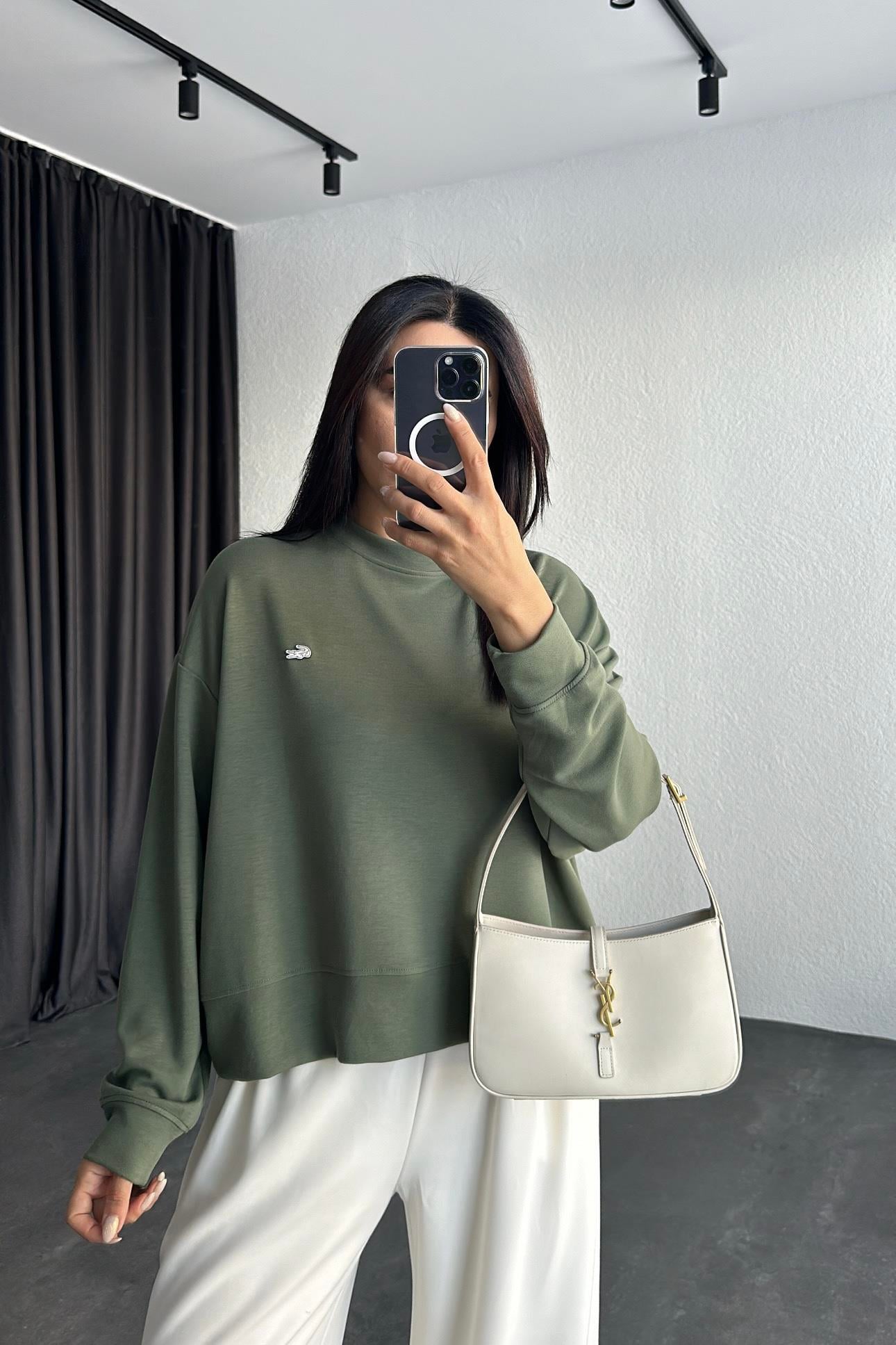 Haki Modal Kumaş Logolu Sweatshirt 