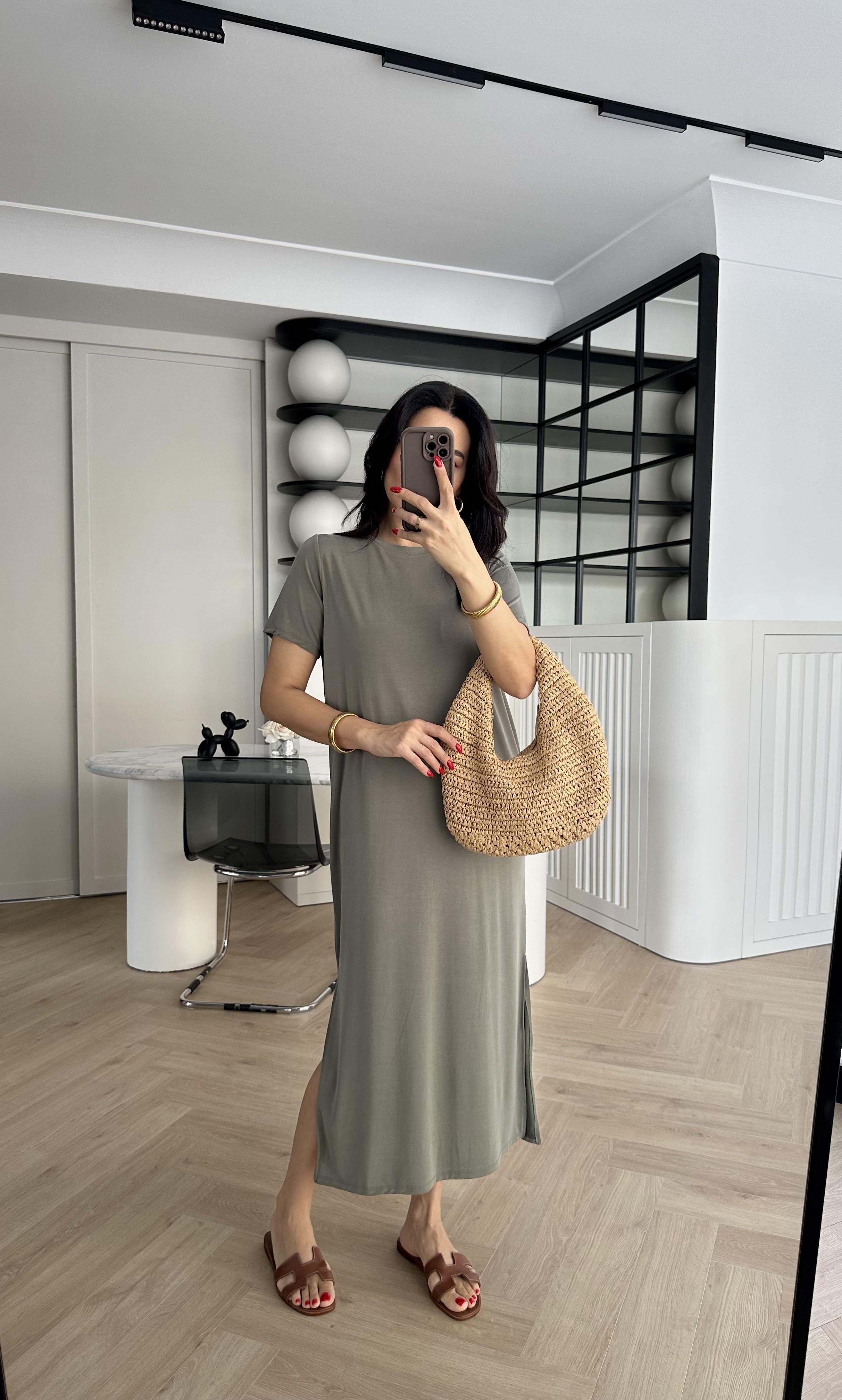 Haki Modal Kumaş Yırtmaçlı Basic Elbise