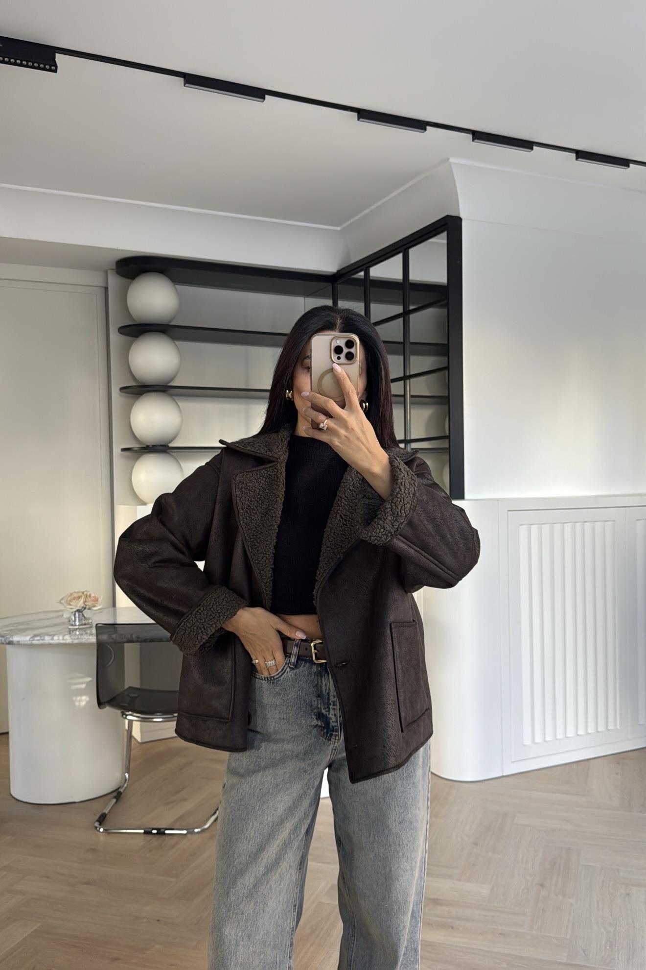 HAKİ RENK İÇİ KÜRKLÜ DERİ CEKET 