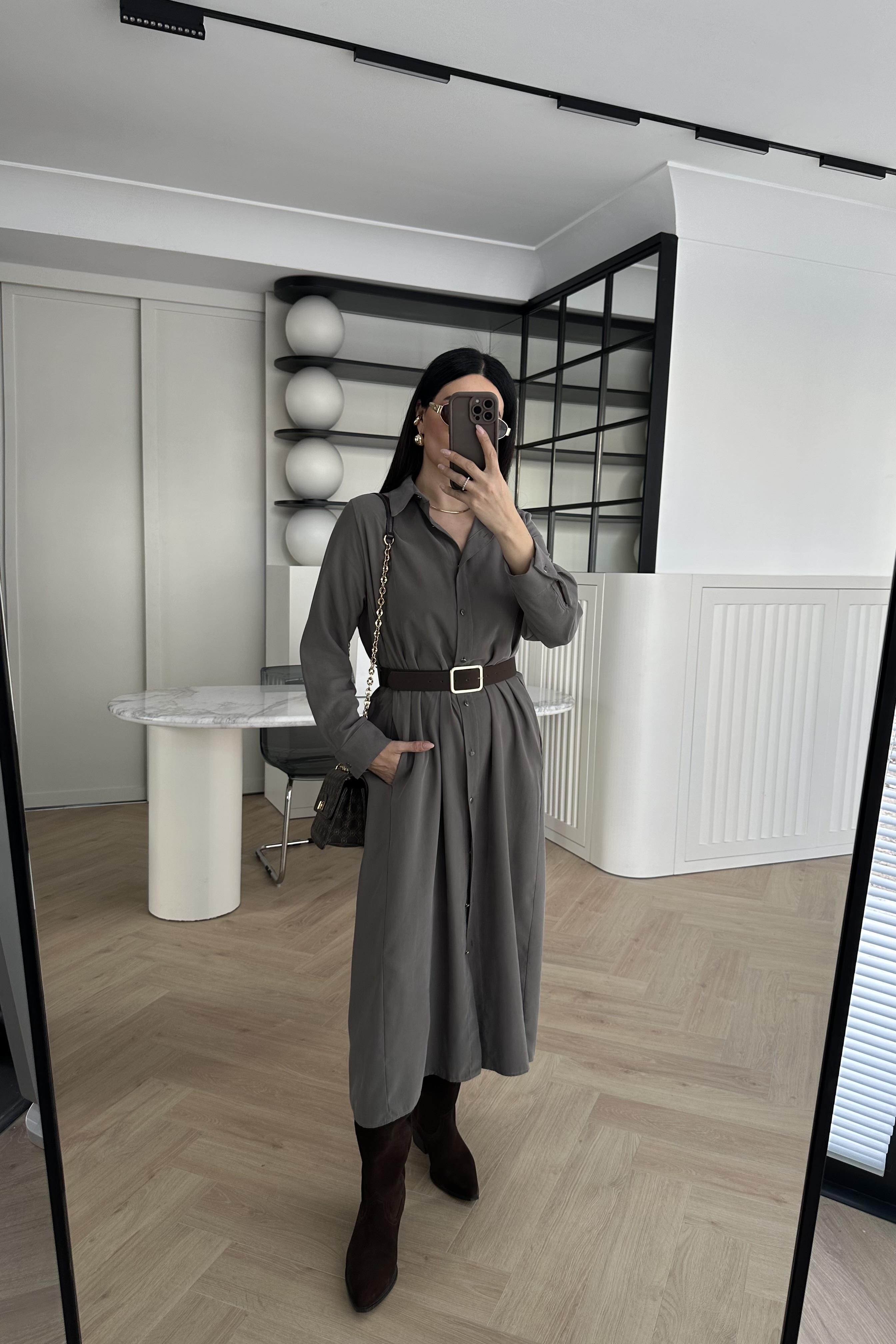 Haki Sedef Düğmeli Kemerli Gömlek Elbise