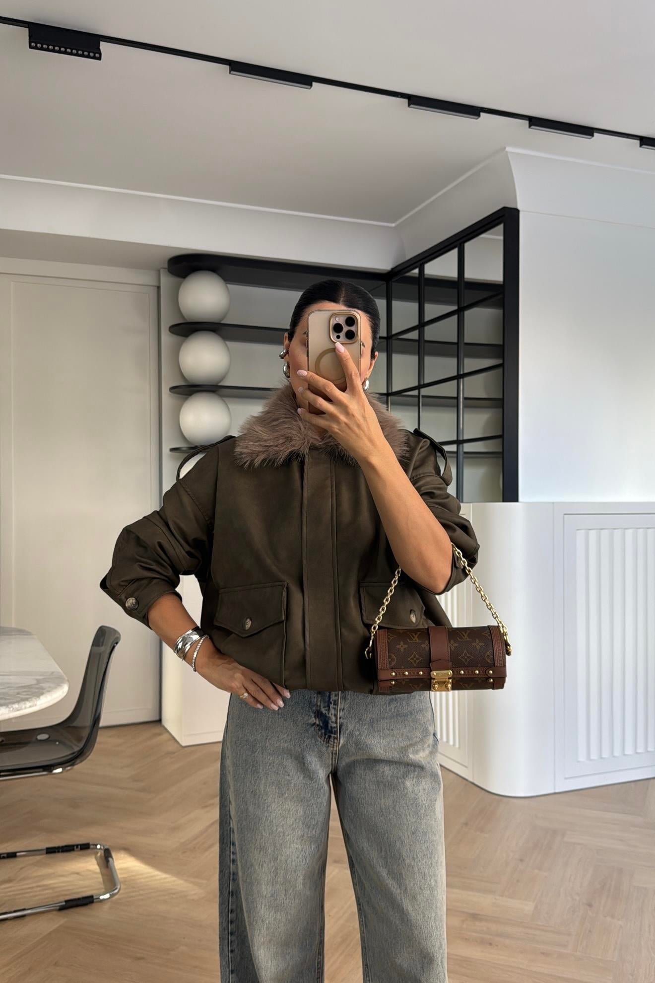 HAKİ YAKASI KÜRKLÜ ZR MODEL DERİ CEKET
