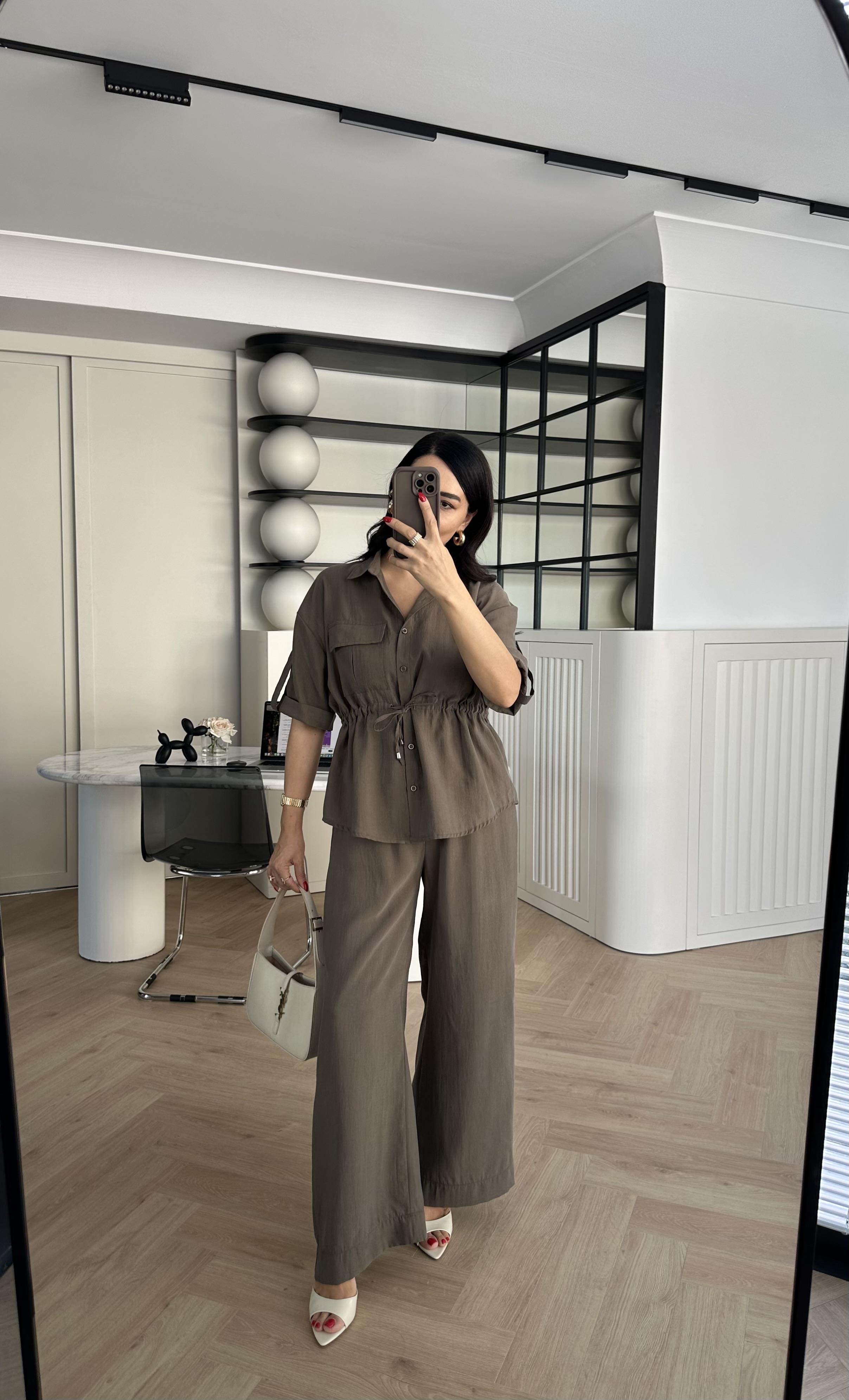Haki Yıkamalı Tensel Kumaş Gömek Pantolon Takım