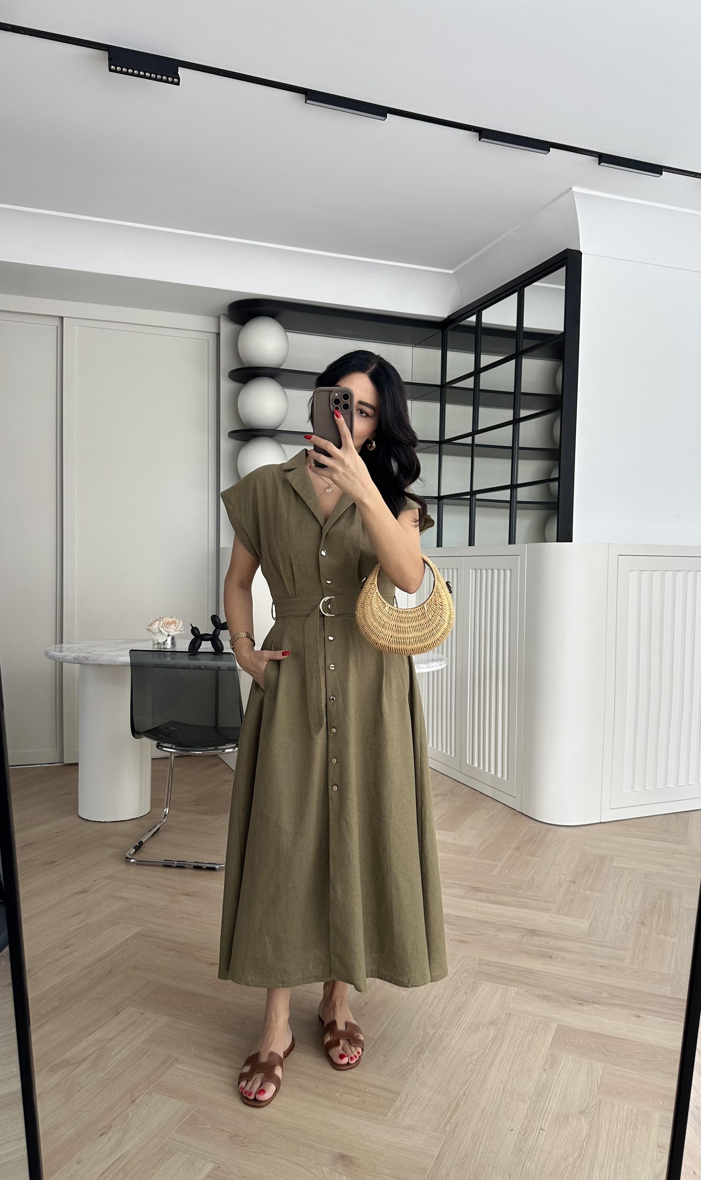 Haki Zr Model Kemerli Keten Elbise