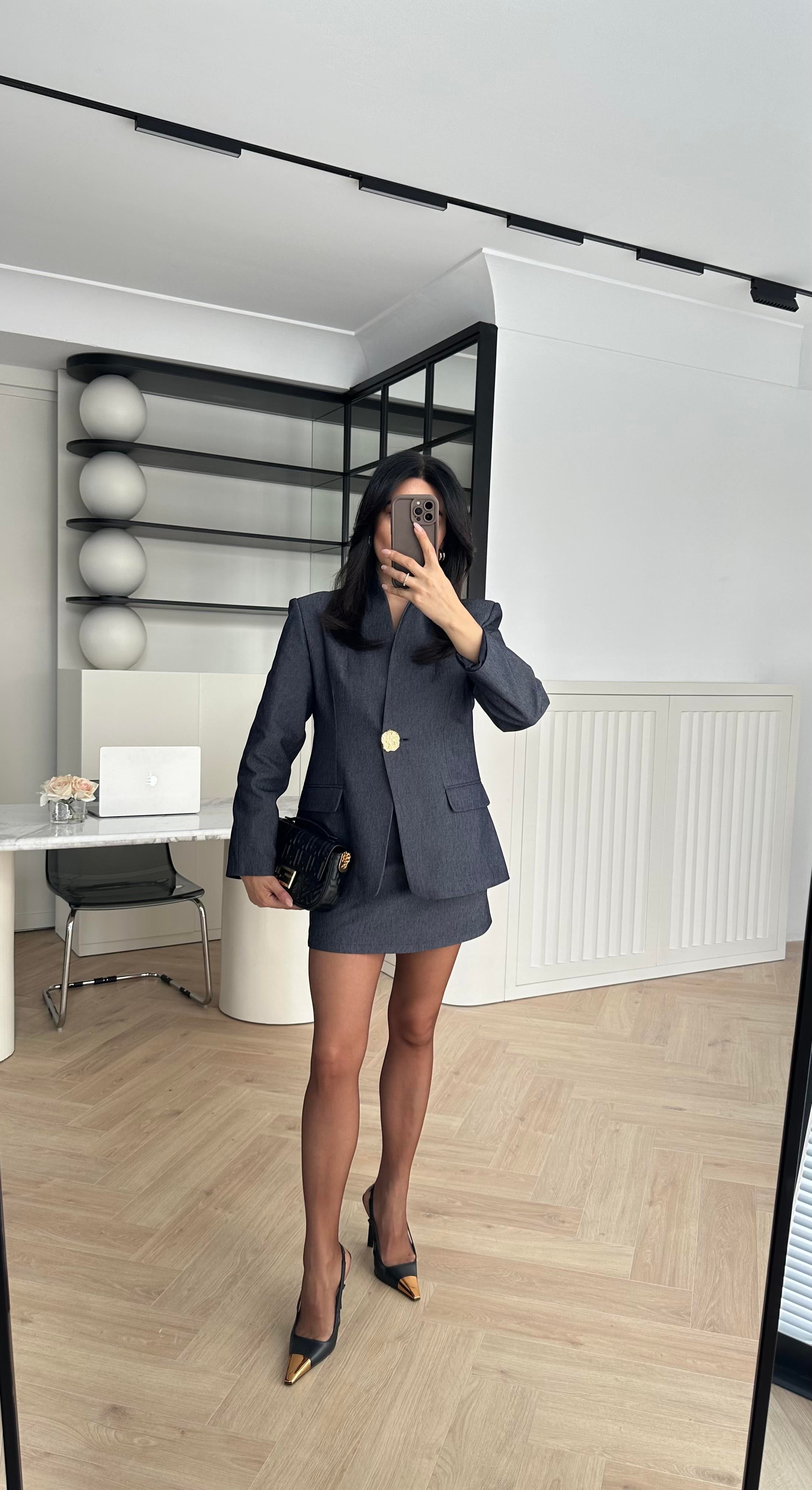 Hakim Yaka Denim Kumaş Tasarım Blazer Ceket Etek Takım