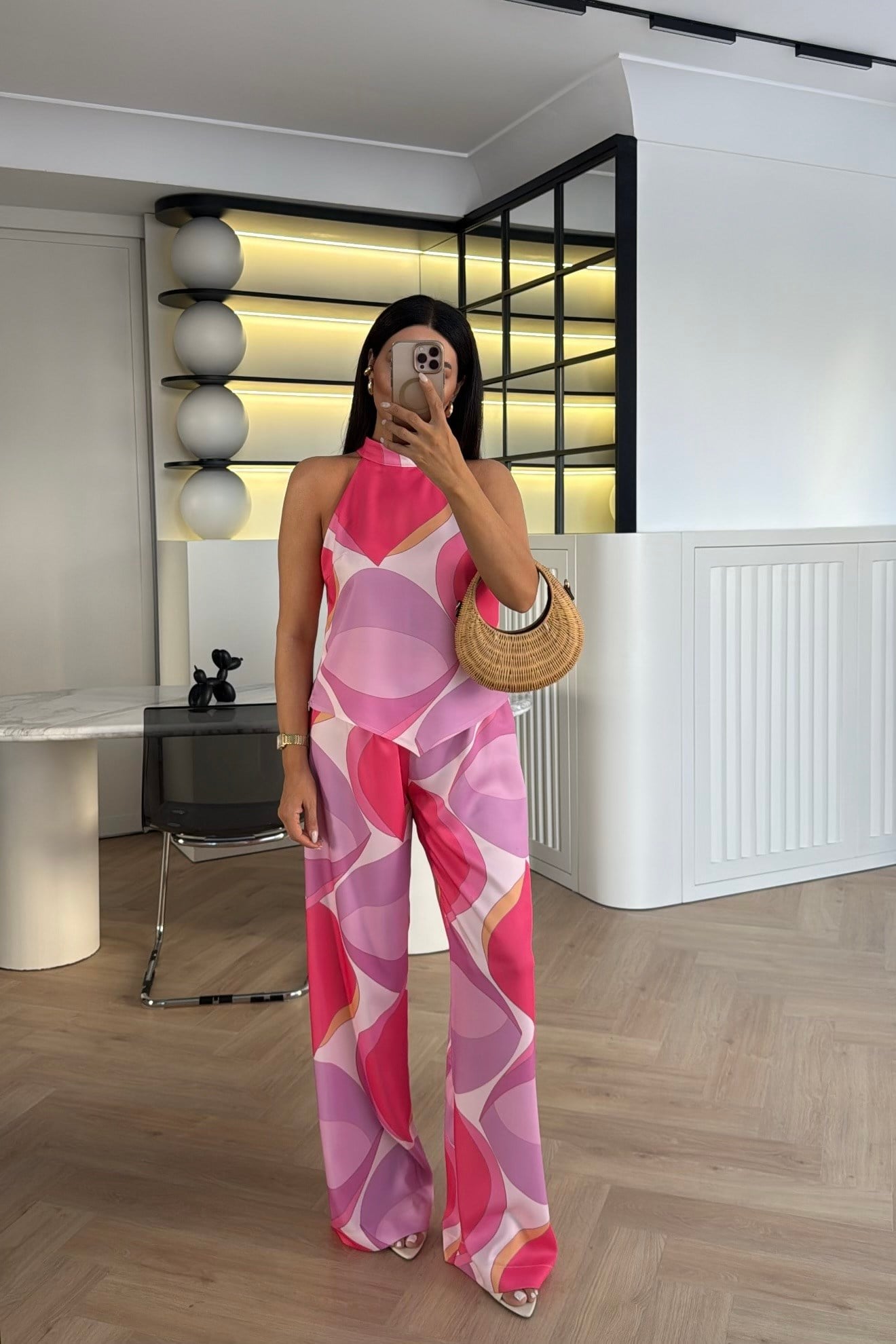 HALTER YAKA DESENLİ SATEN İKİLİ TAKIM PEMBE 
