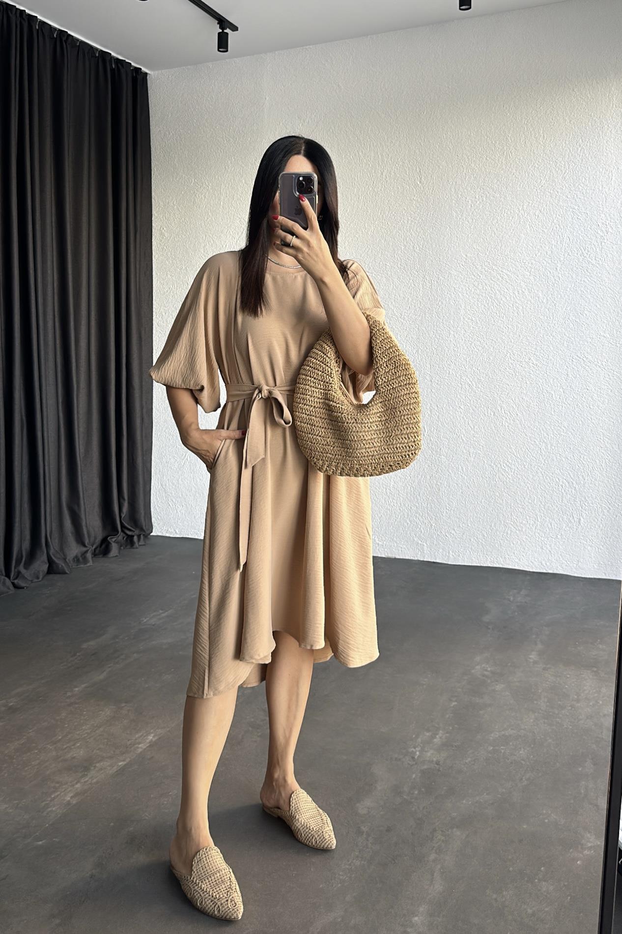 Hardal Balon Kol Oversize Keten Elbise