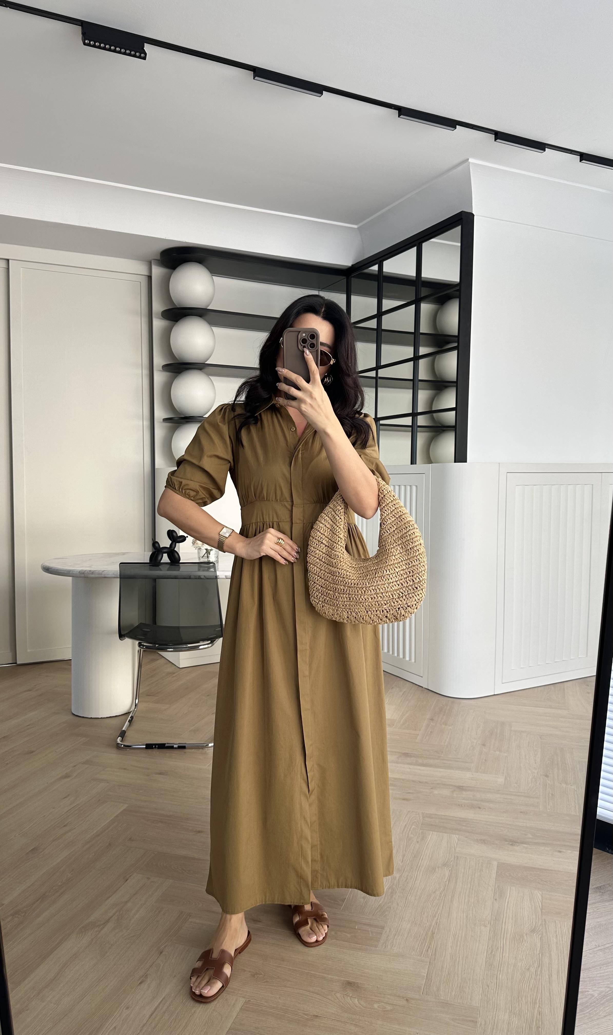 Hardal Poplin Kumaş Önden Düğmeli Elbise