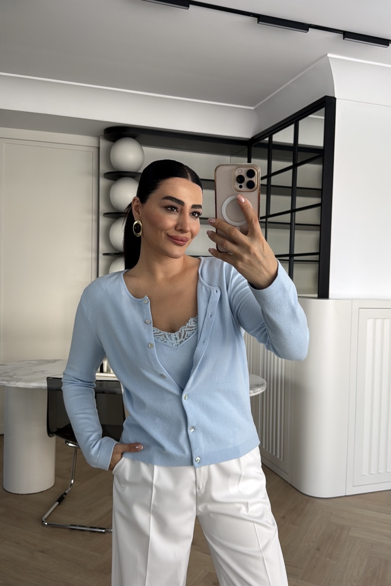 İÇ KISMI DANTEL ATLET DETAYLI TRİKO HIRKA MAVİ 