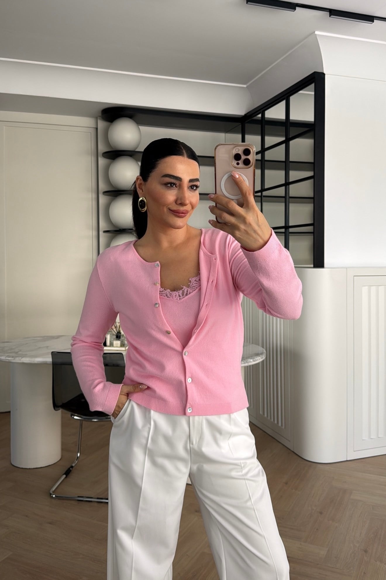 İÇ KISMI DANTEL ATLET DETAYLI TRİKO HIRKA PEMBE 