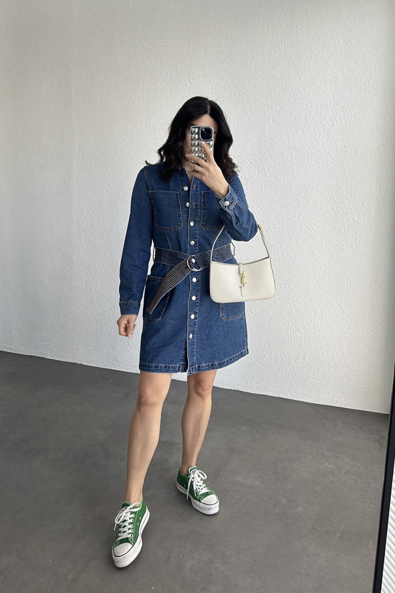 İhracat Kemerli Denim Elbise