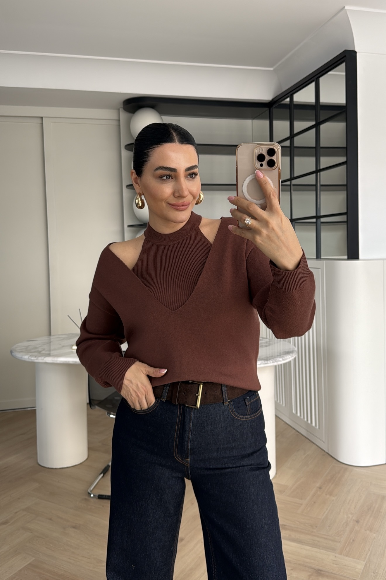 İKİLİ V YAKA KAZAK KAHVE 