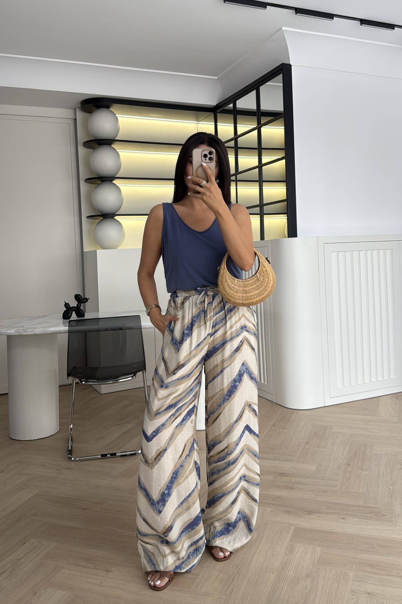 İNDİGO DESENLİ BELİ LASTİKLİ PALAZZO