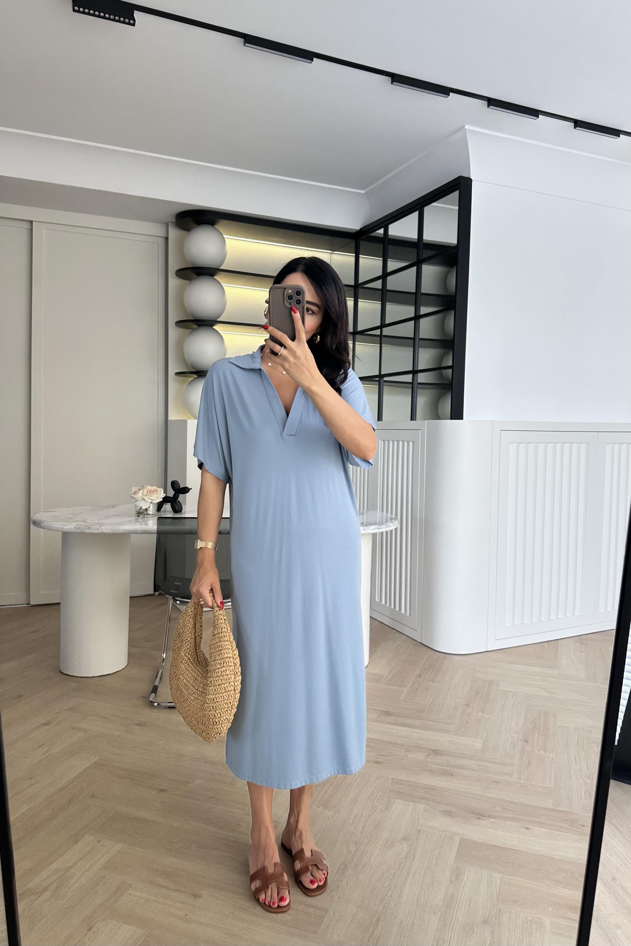 İndigo Modal Kumaş Yırtmaçlı Rahat Kalıp Elbise 