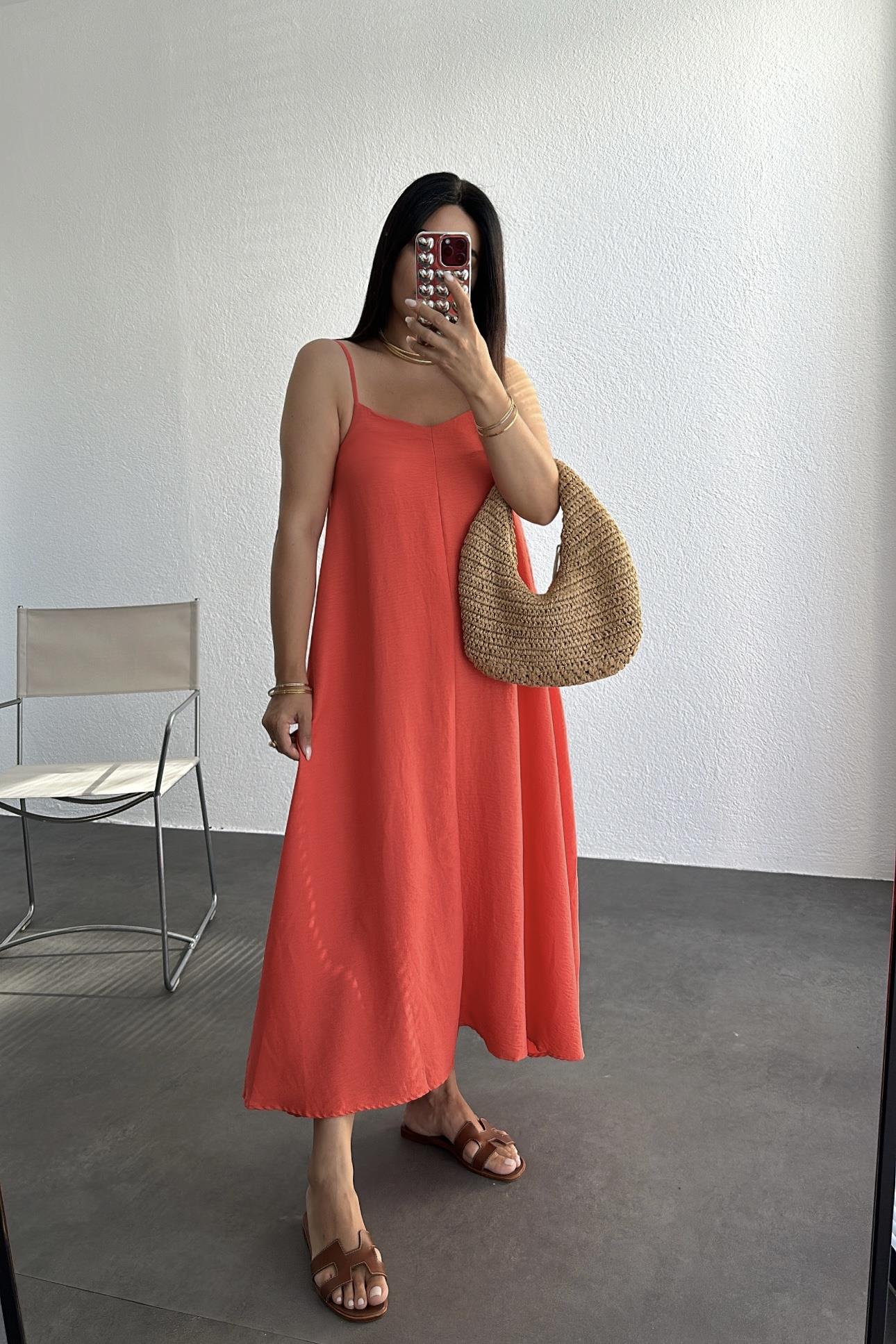 İp Askılı Tensel Maksi Boy Turuncu Elbise