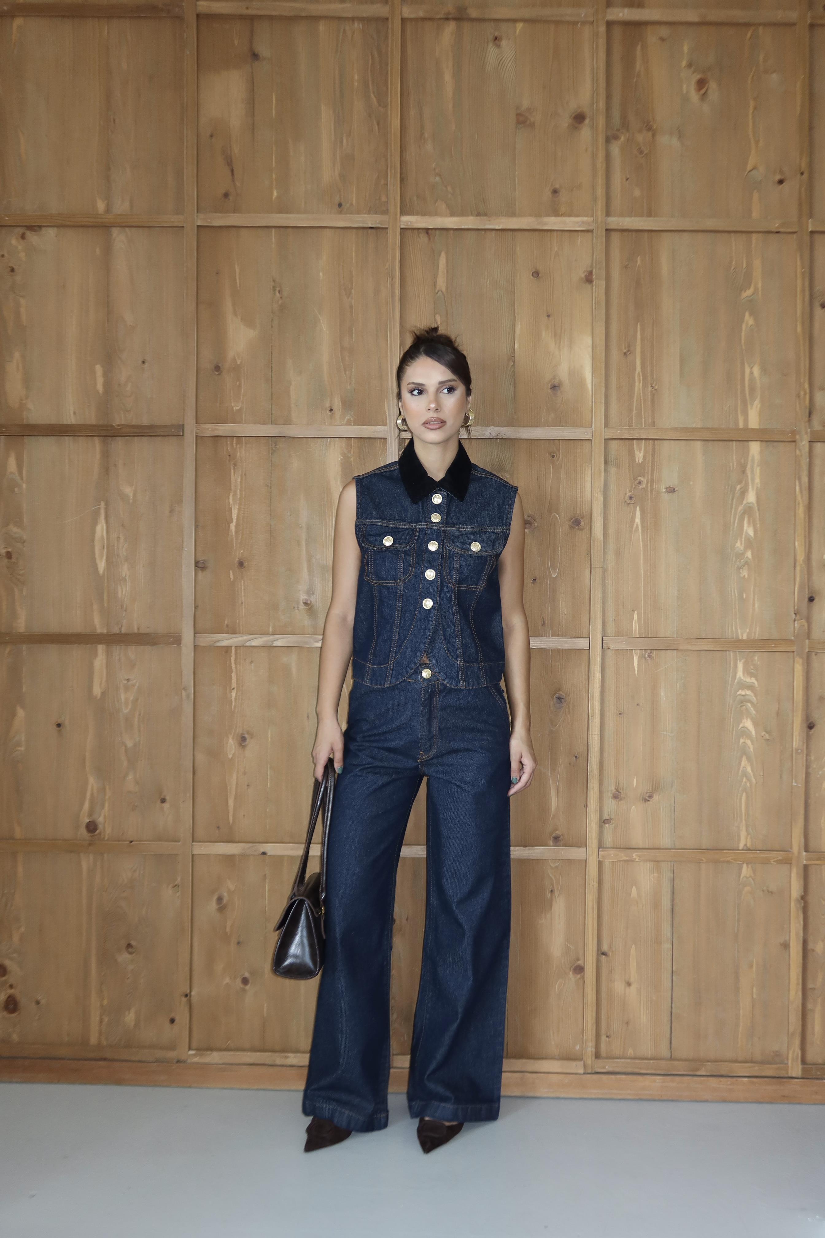 KADİFE YAKALI GOLD DÜĞMELİ DENİM TAKIM