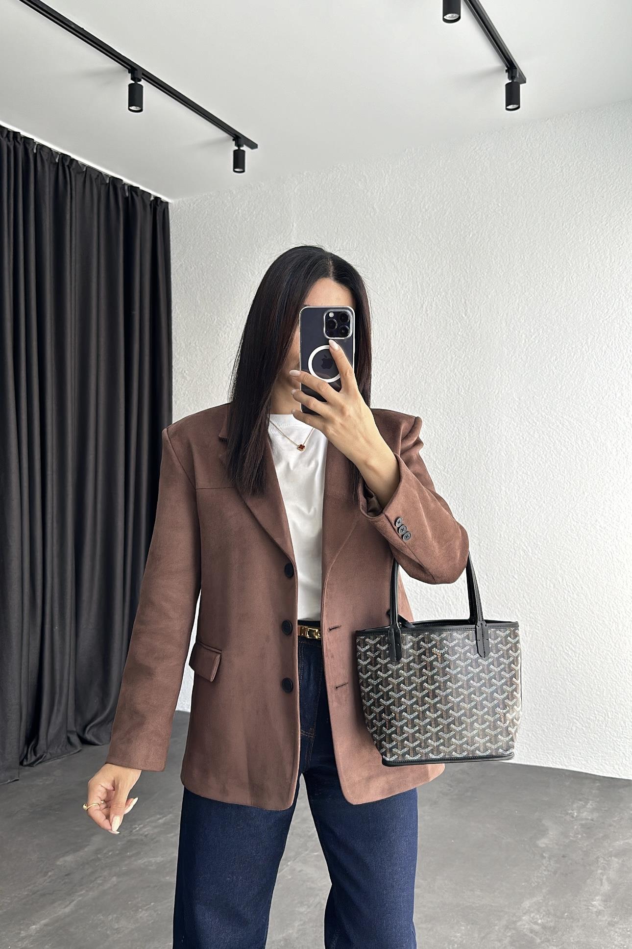 Kahve Astarlı Nubuk Blazer Ceket 