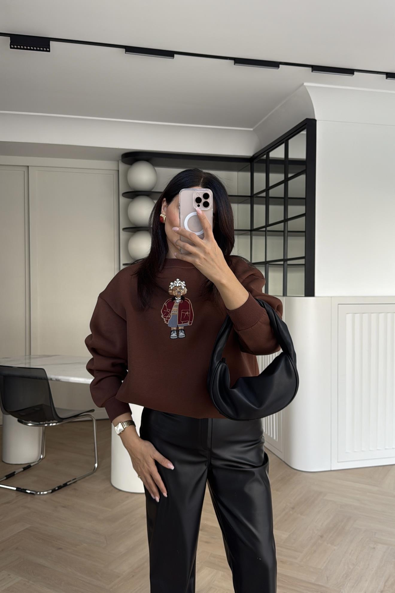 KAHVE AYICIKLI TAŞ DETAYLI SWEATSHIRT