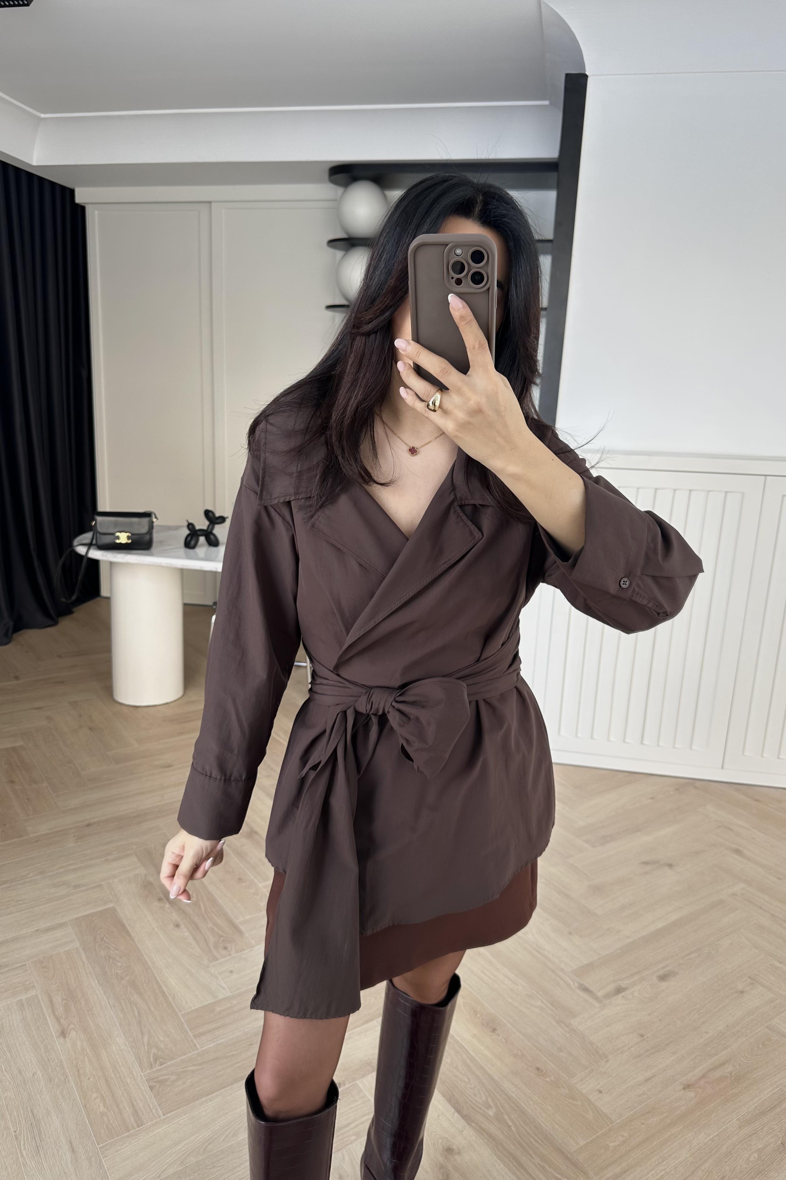 Kahve Bağlamalı Poplin Gömlek 