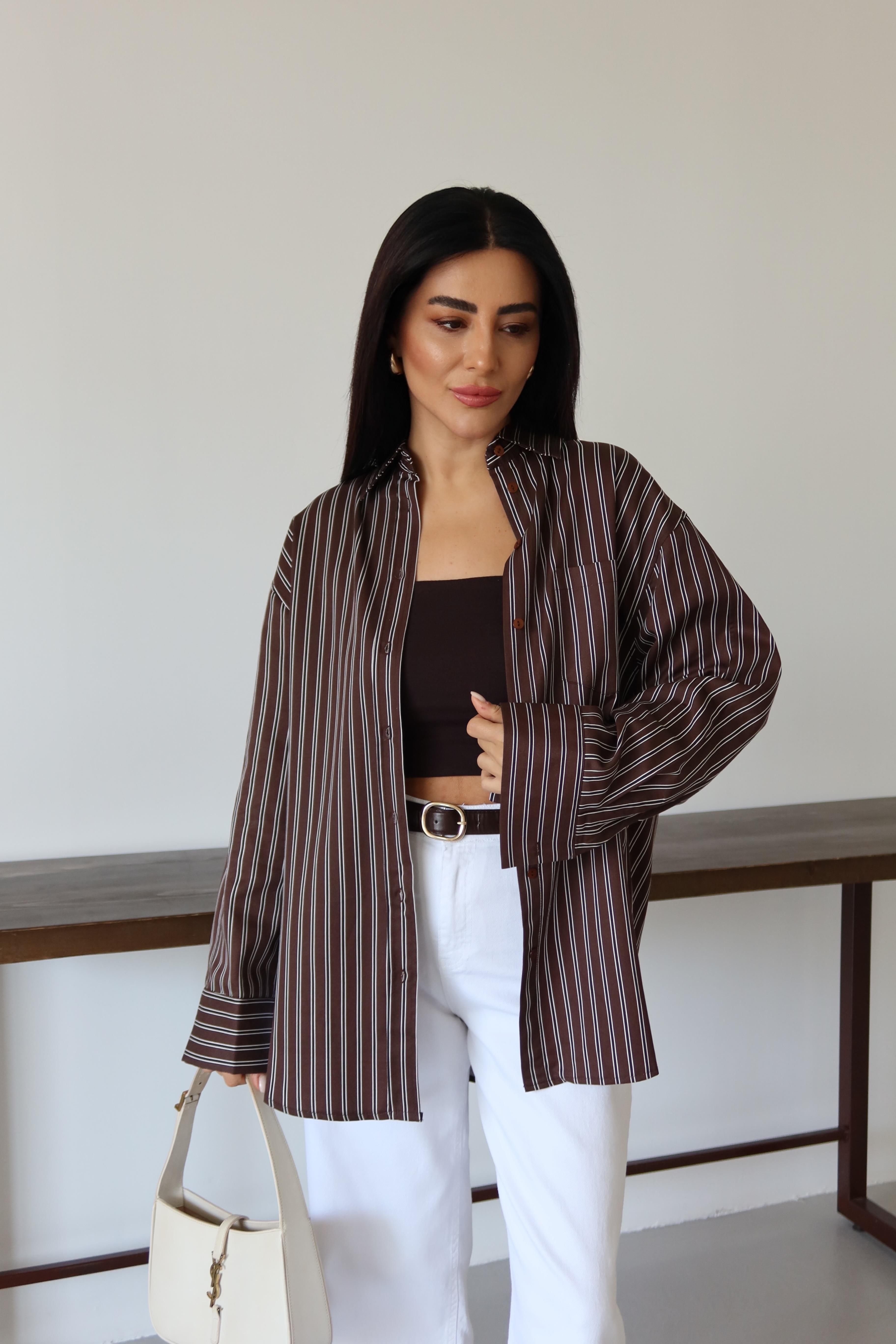 KAHVE ÇİZGİLİ OVERSİZE GÖMLEK