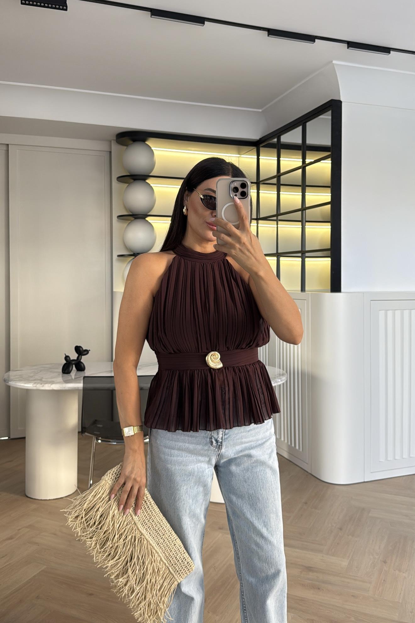 KAHVE GOLD DÜĞMELİ BLUZ