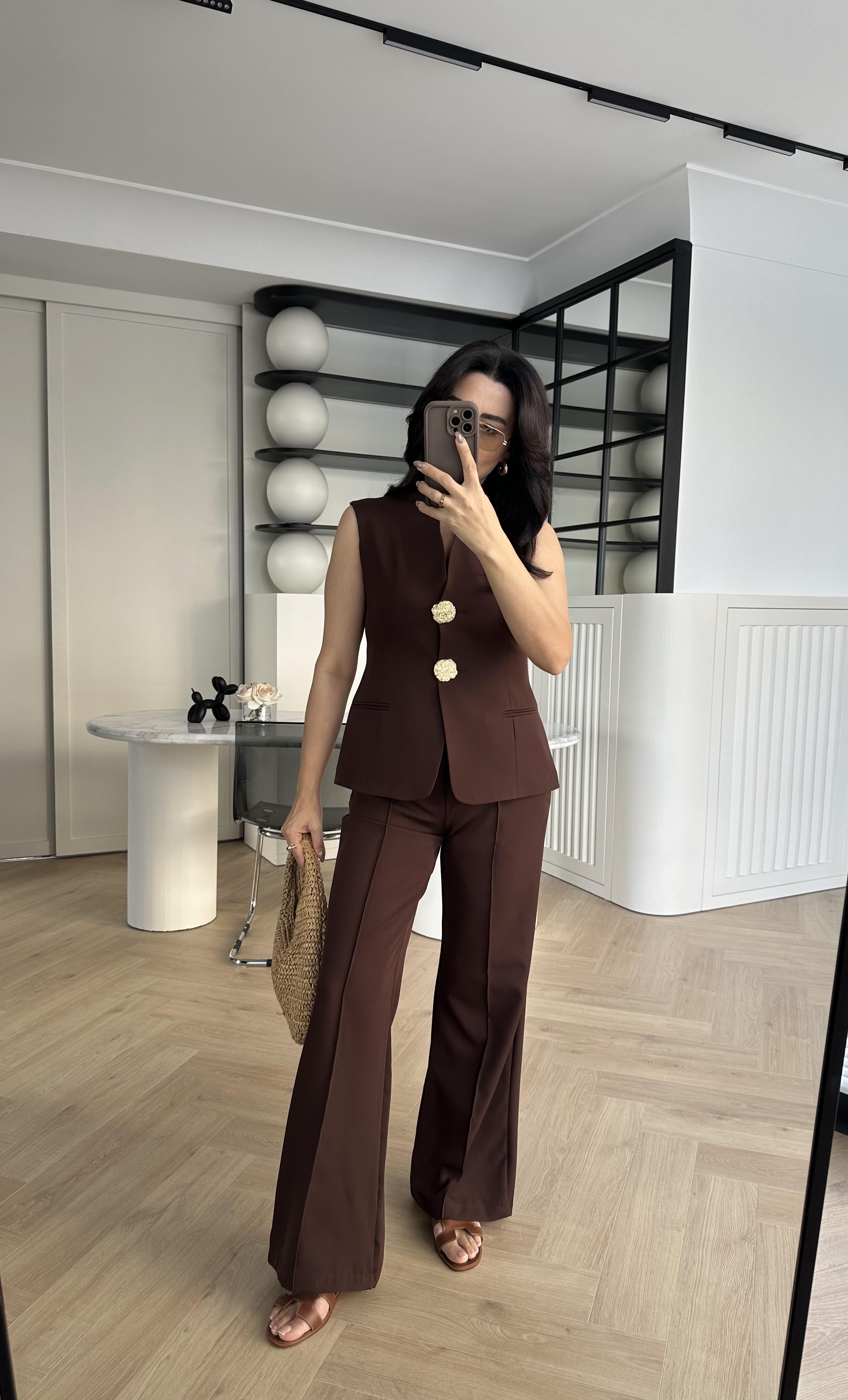 Kahve Gold Düğmeli Ceket Pantolon Takım