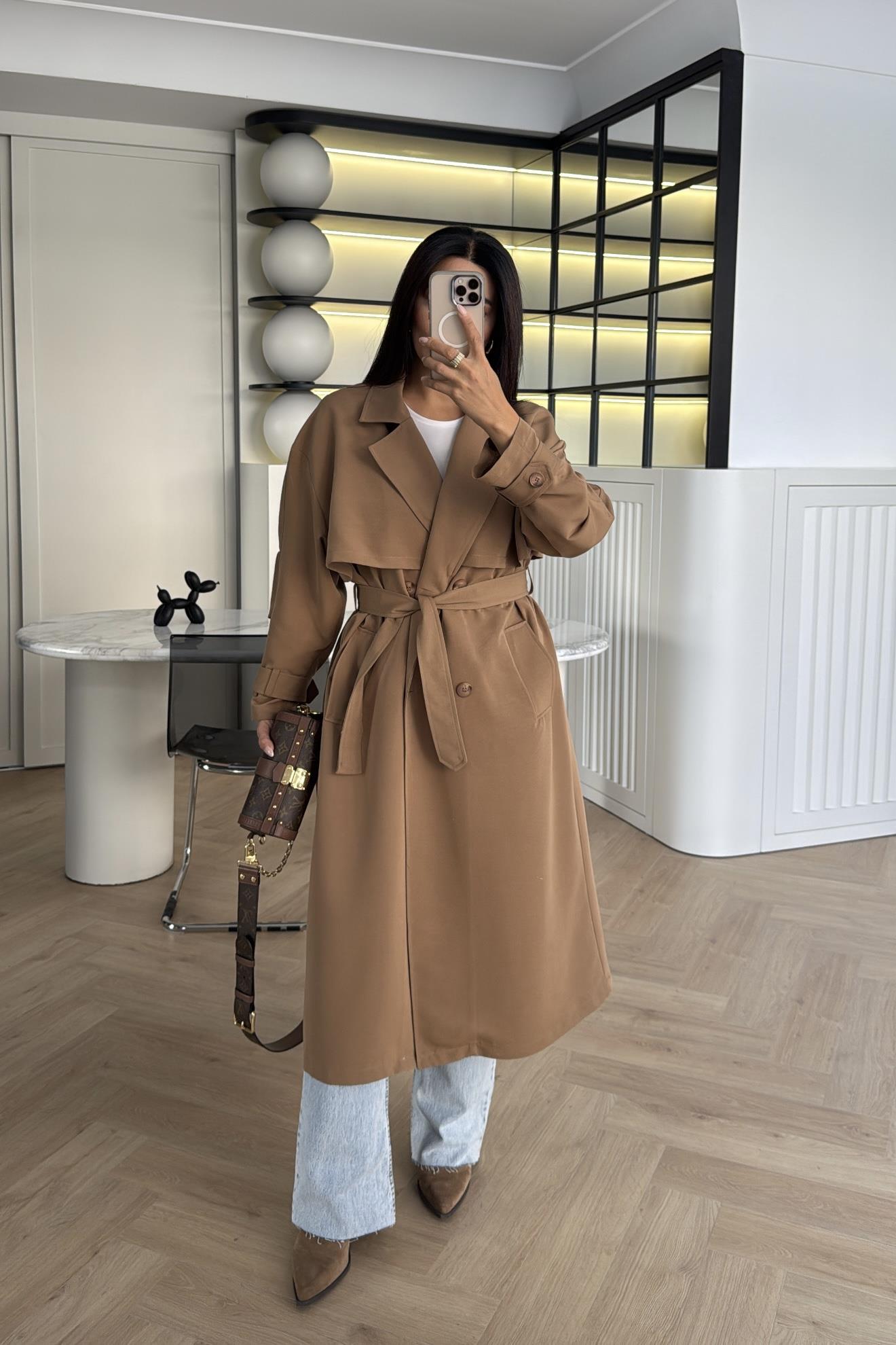 KAHVE KEMERLİ ASTARSIZ RAHAT KALIP TRENÇKOT