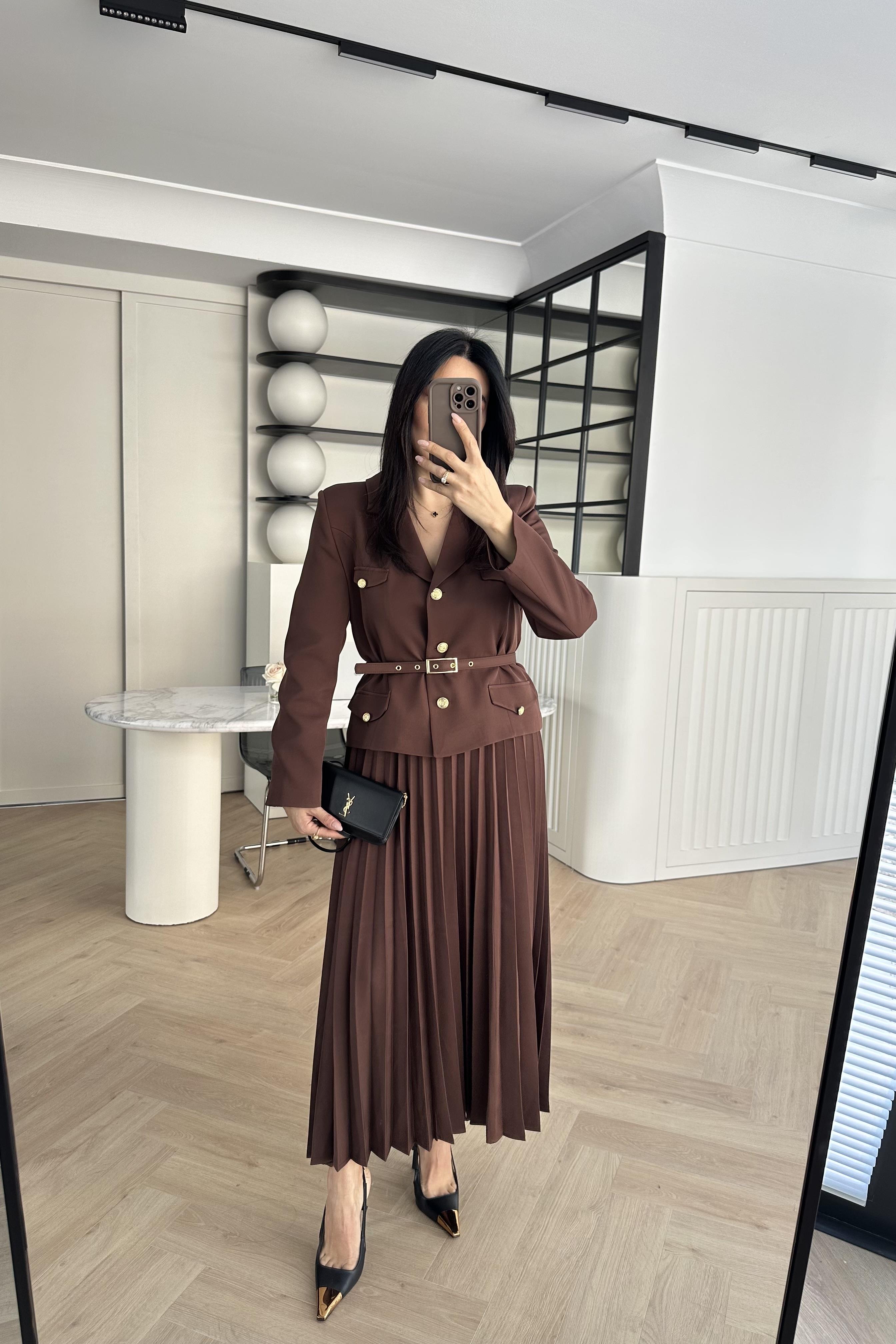 Kahve Kemerli Blazer Ceket Etekli Premium Takım