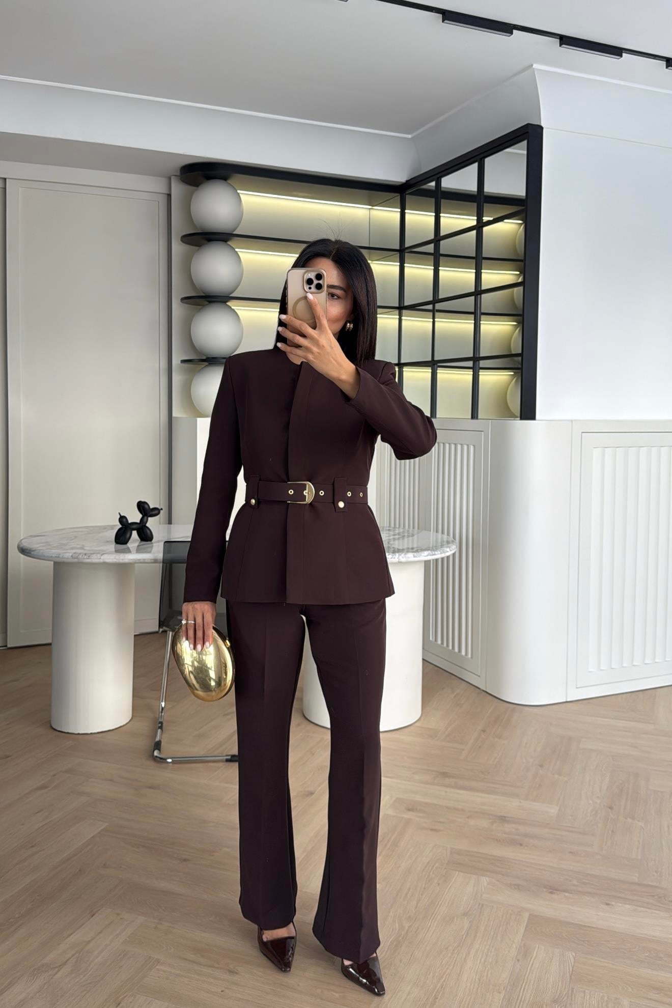KAHVE KEMERLİ DOUBLE KUMAŞ CEKET PANTOLON TAKIM 