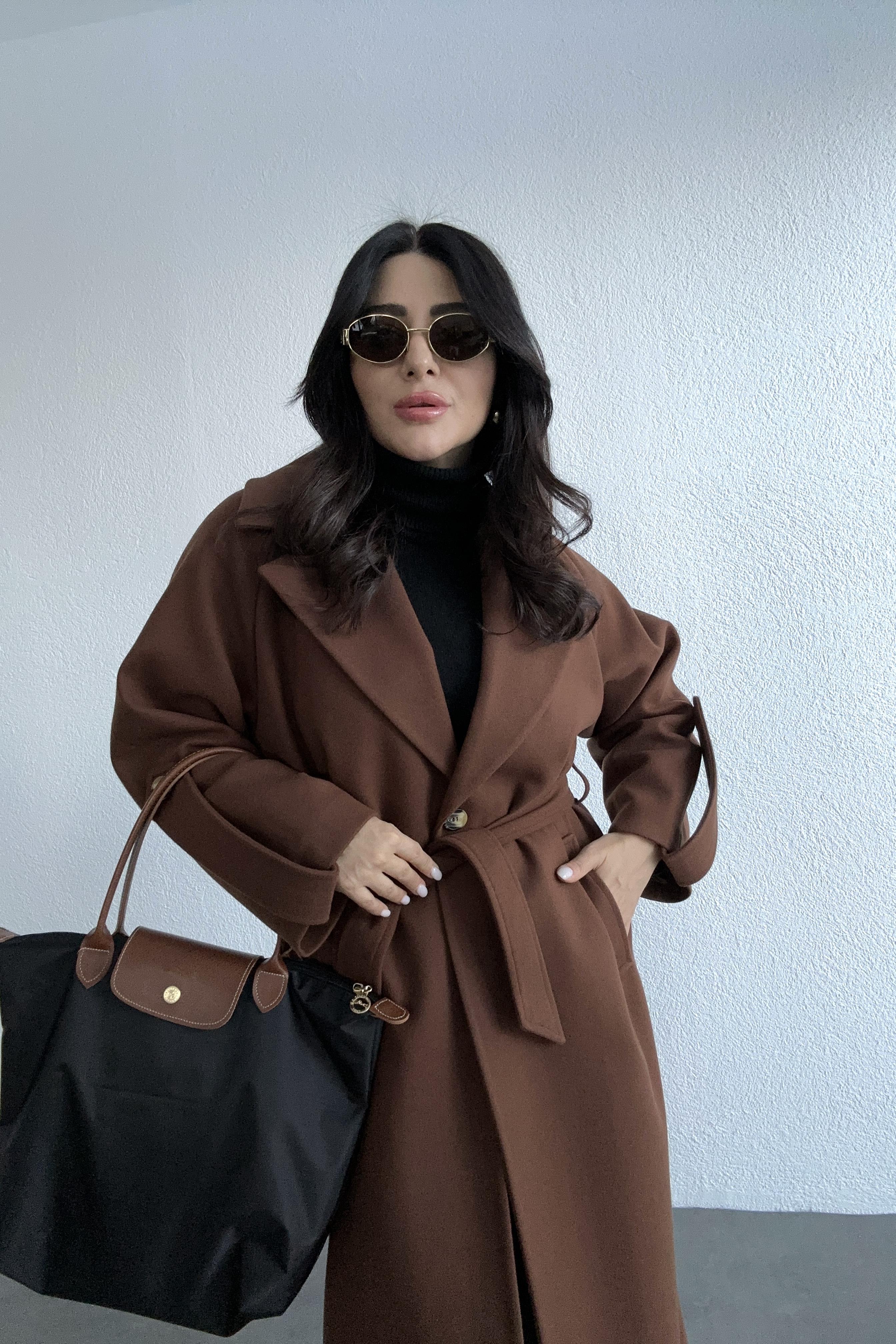 Kahve Kol Detaylı Premium Kaşe Kaban