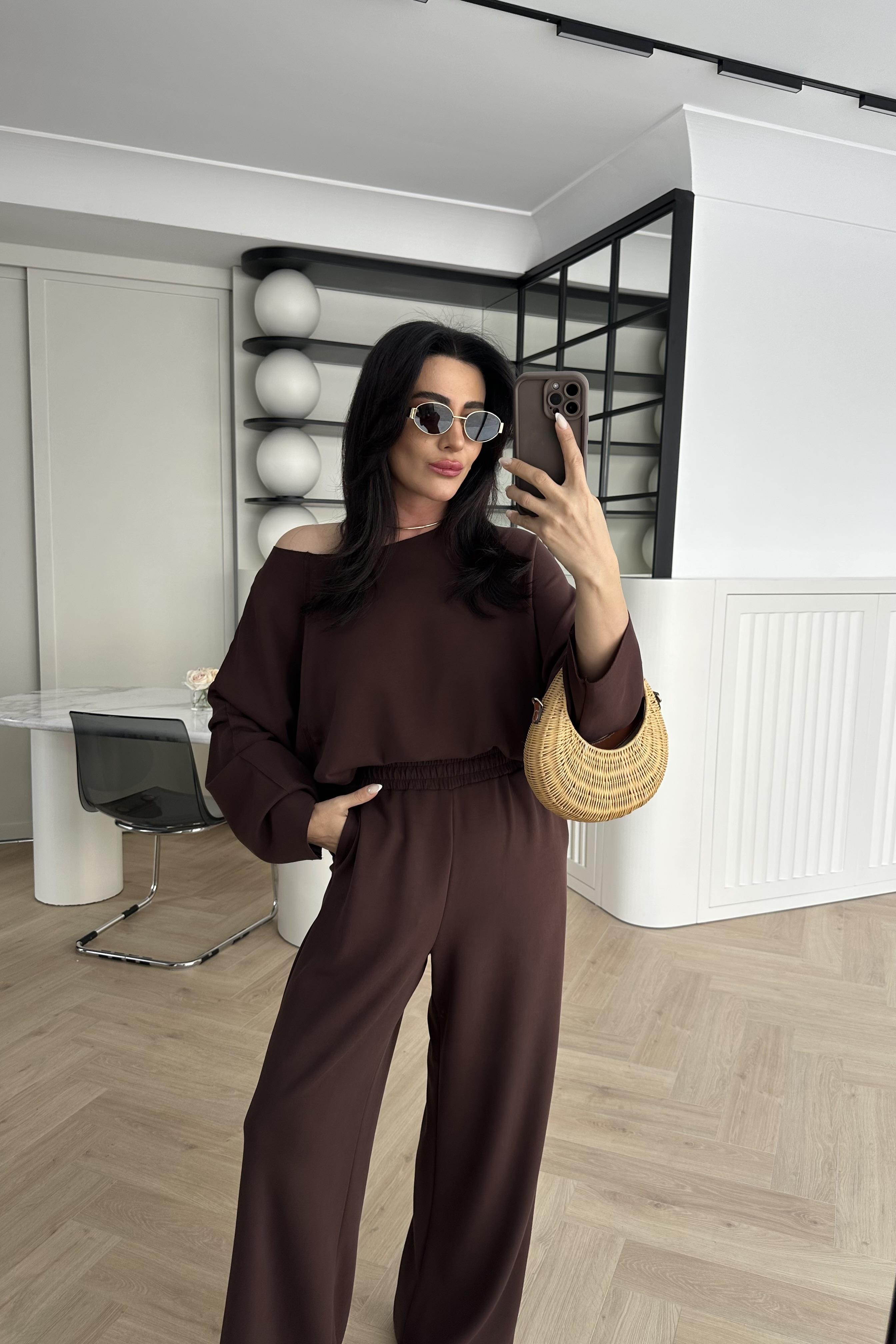 Kahve Modal Kumaş Omuz Detaylı Premium Takım