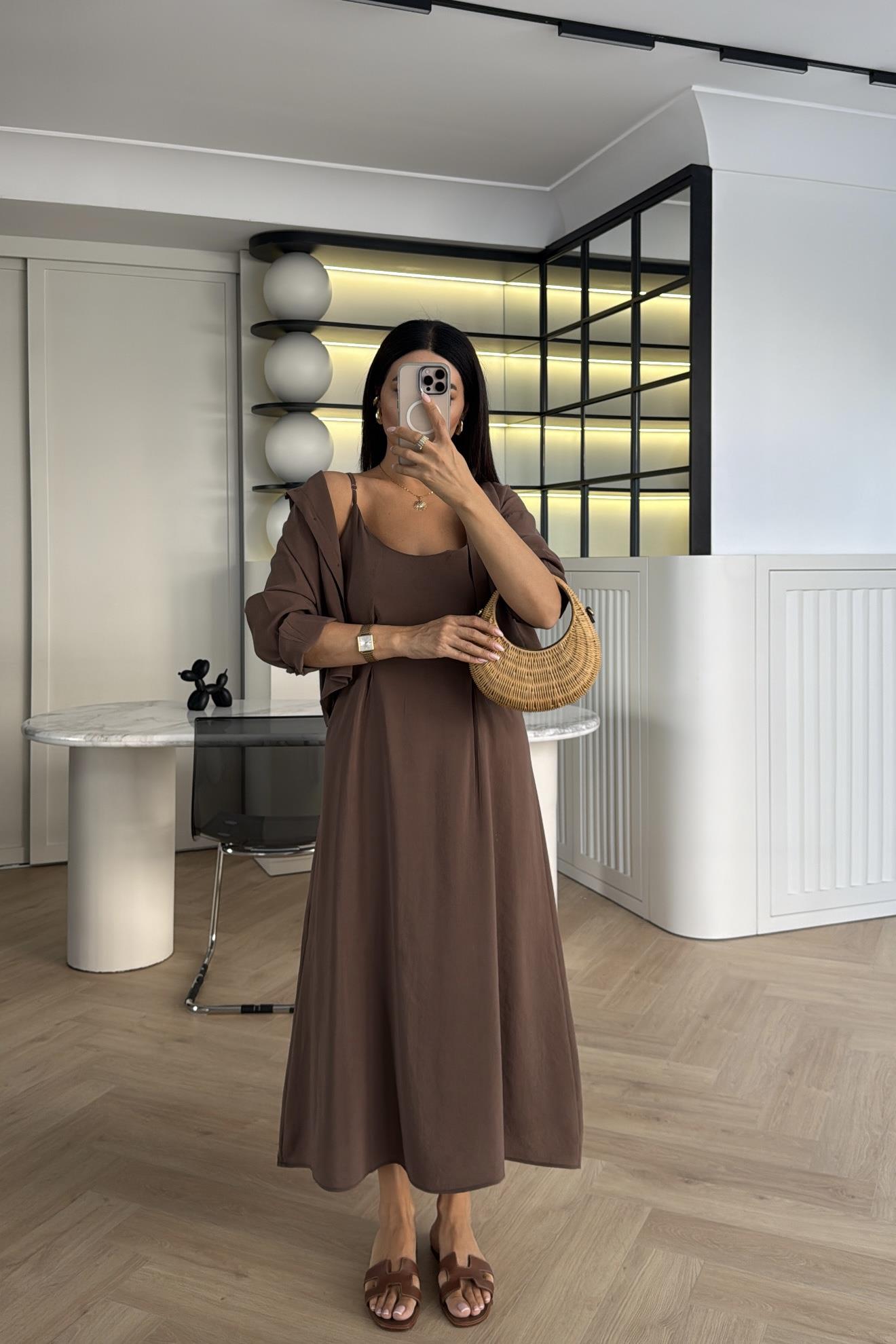 KAHVE TENSEL GÖMLEK DETAY ASKILI ELBİSE