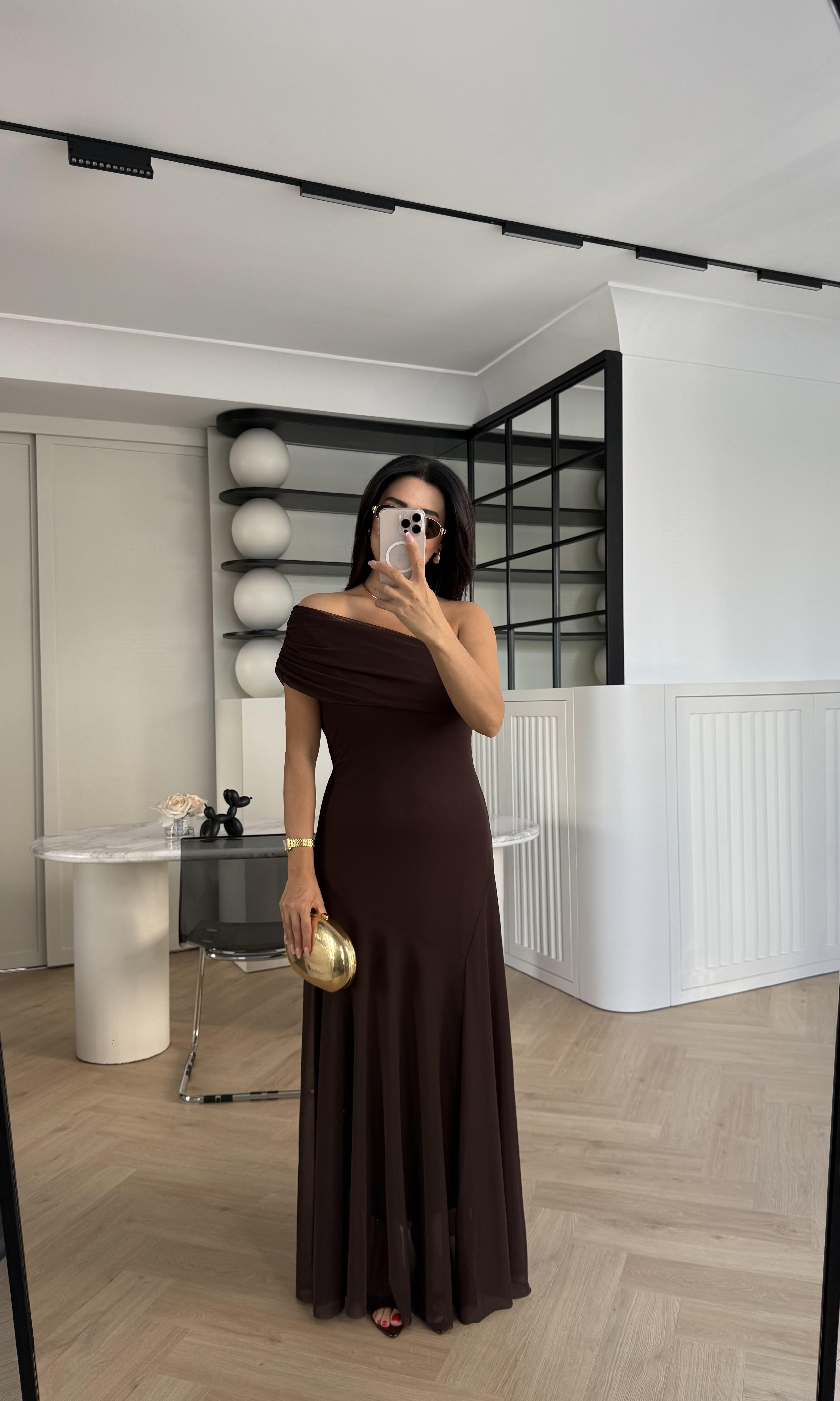 KAHVE TÜL TEK OMUZ ELBİSE