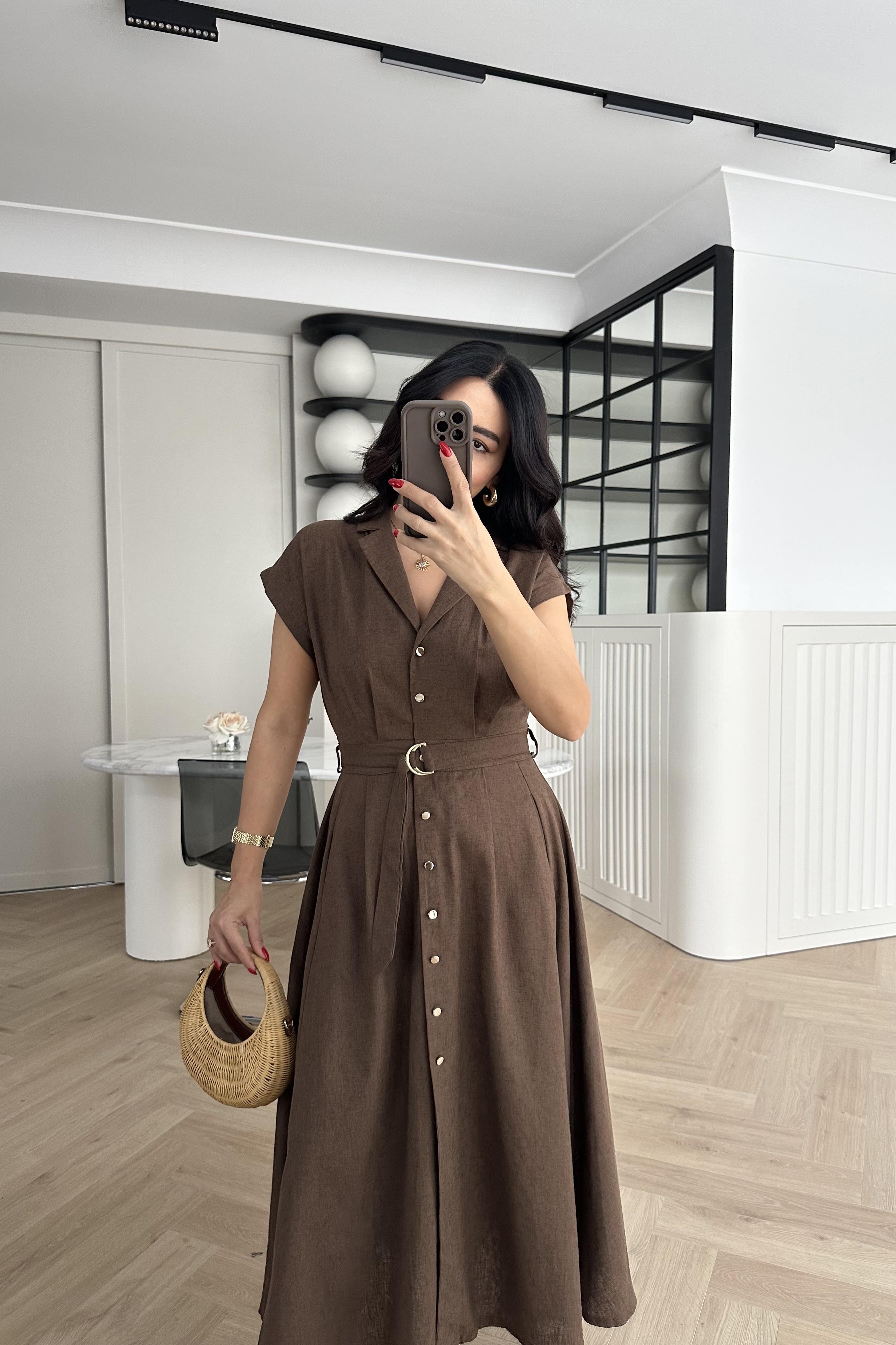 Kahve Zr Model Kemerli Keten Elbise