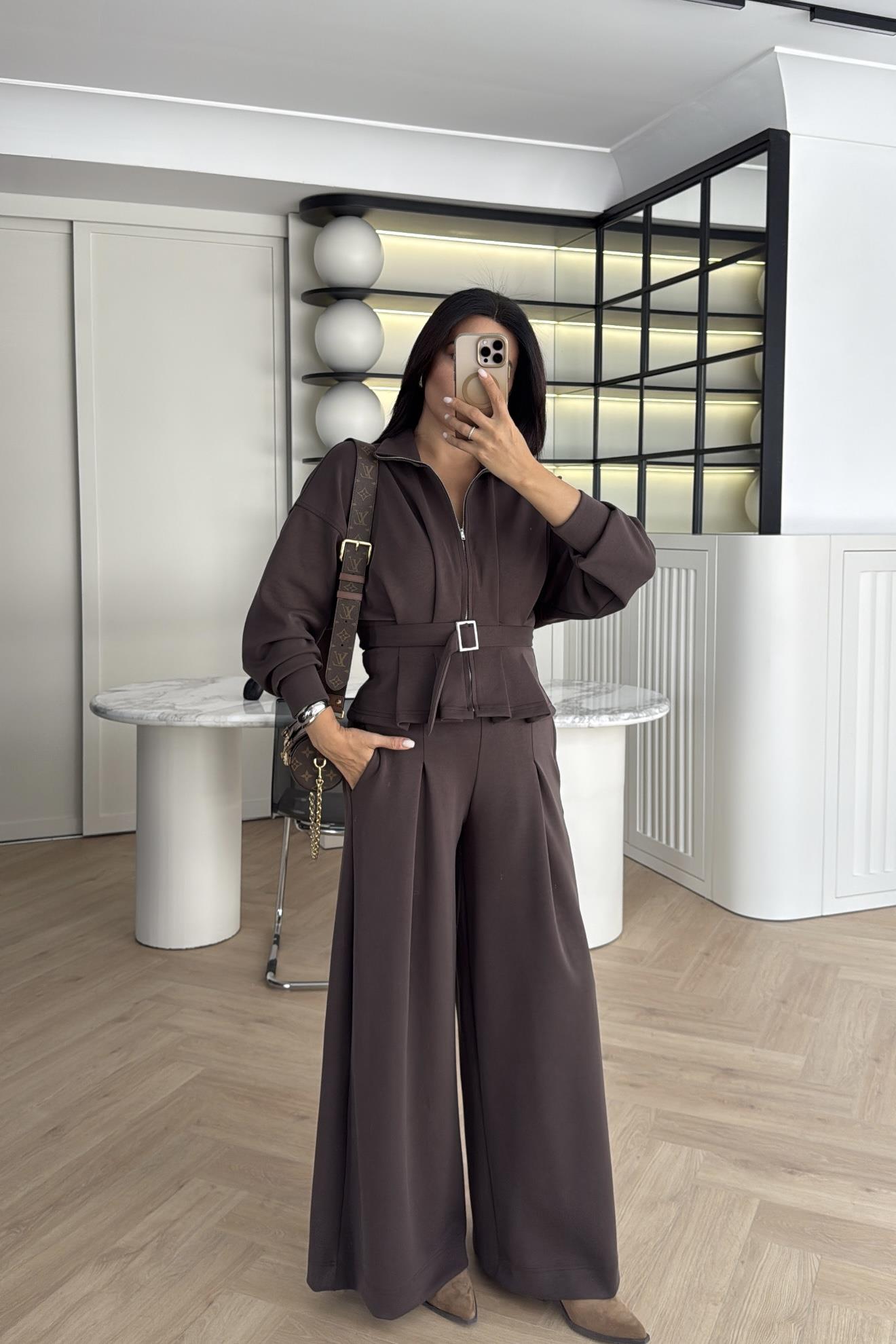 KAHVERENGİ KEMER DETAYLI MODAL PANTOLON SWEAT TAKIM