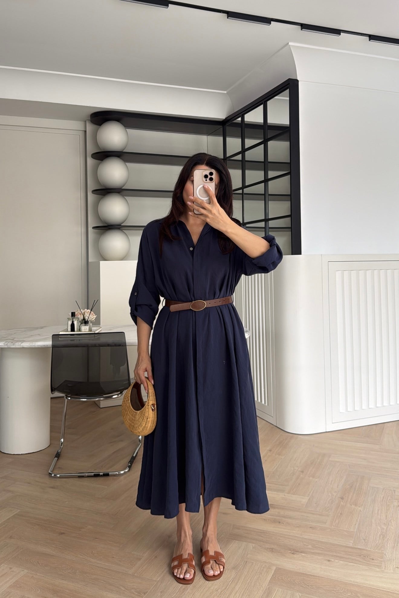 KEMER DETAYLI PREMİUM GÖMLEK ELBİSE LACİVERT 