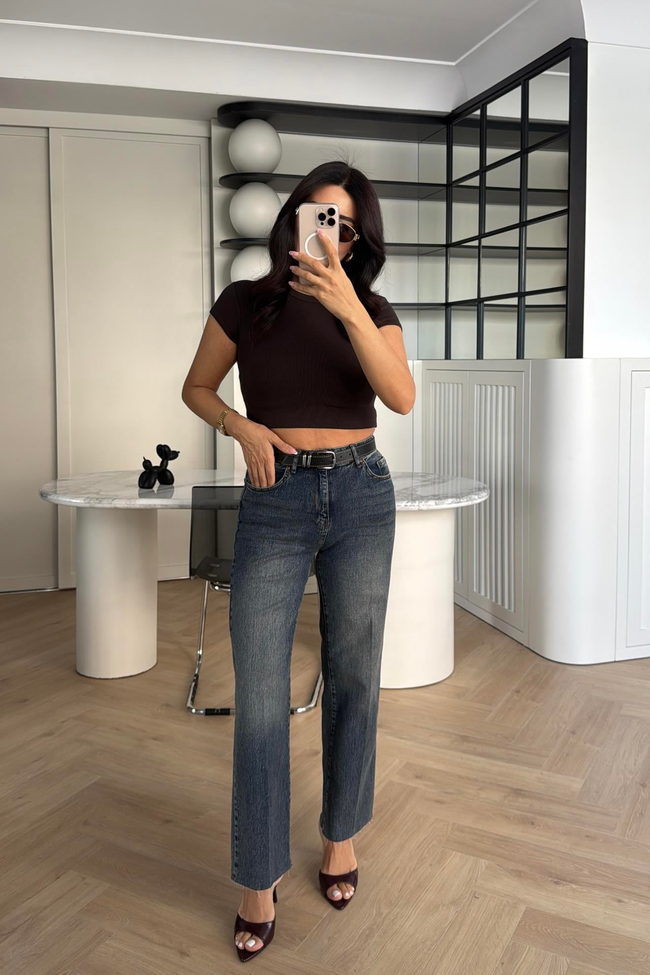 KEMERLİ KESİK PAÇA KOYU MAVİ JEAN