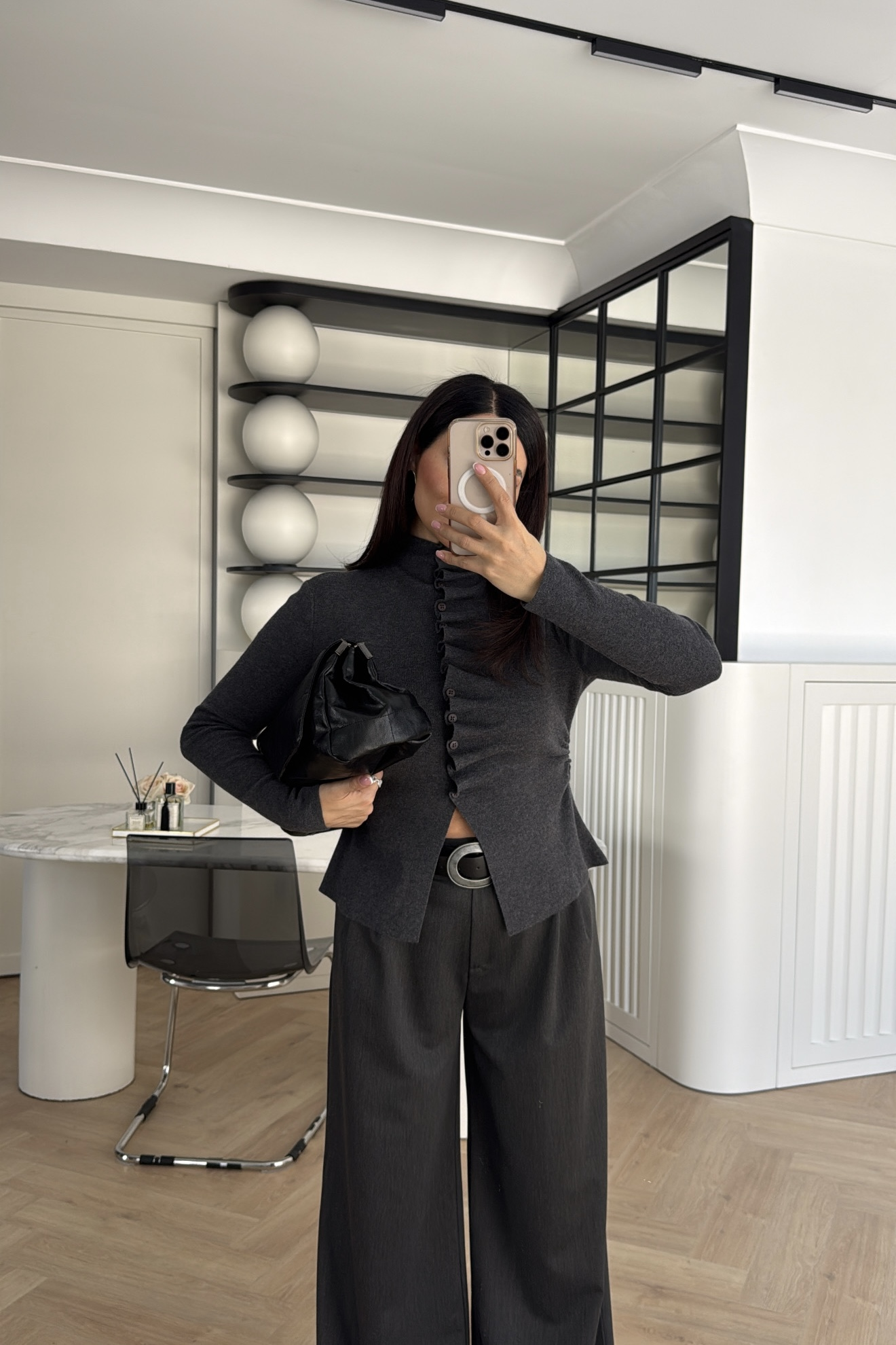 KENDİNDEN BÜZGÜLÜ HIRKA ANTRASİT 