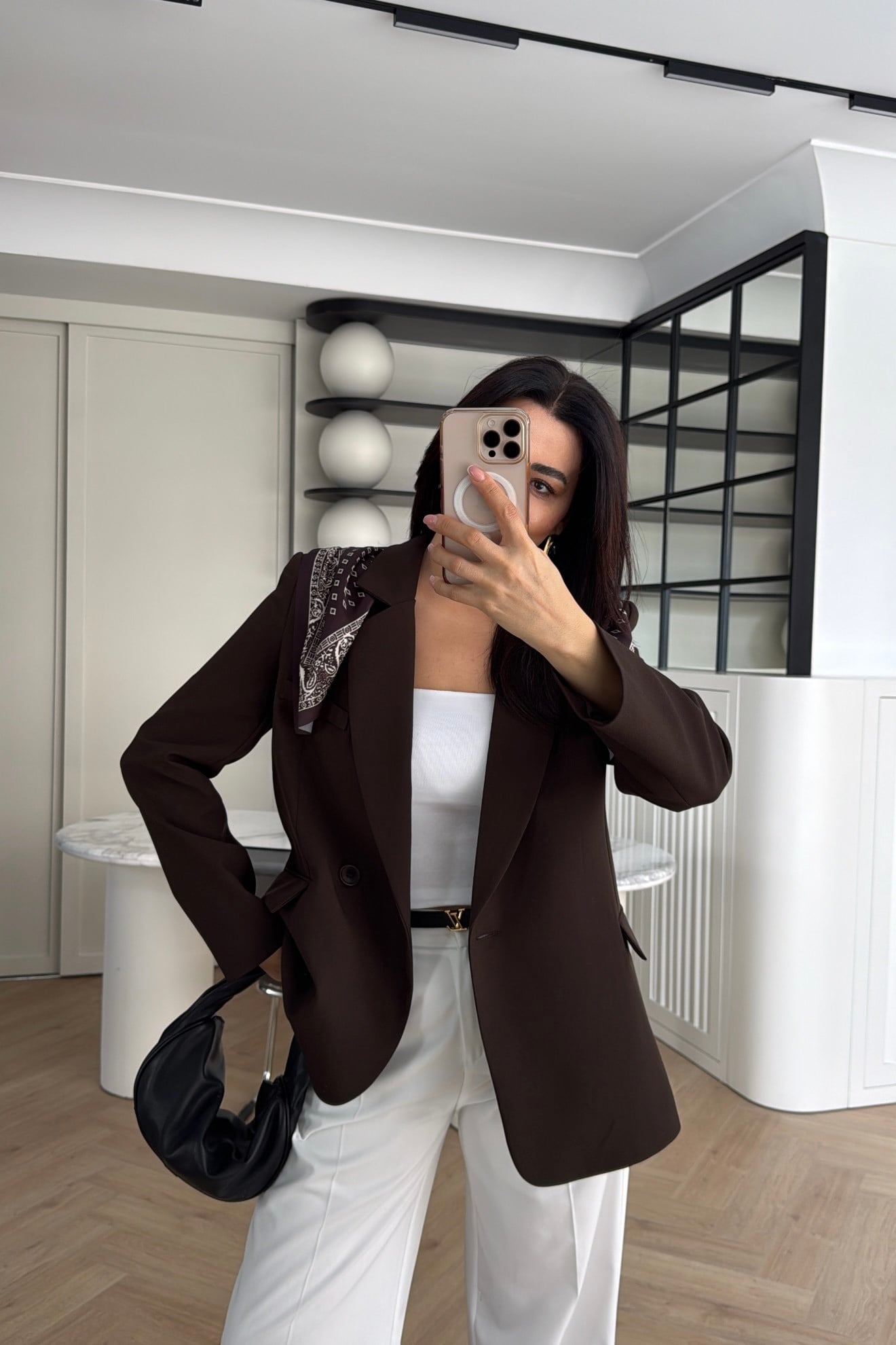 KENDİNDEN FULARLI BLAZER CEKET KAHVE 