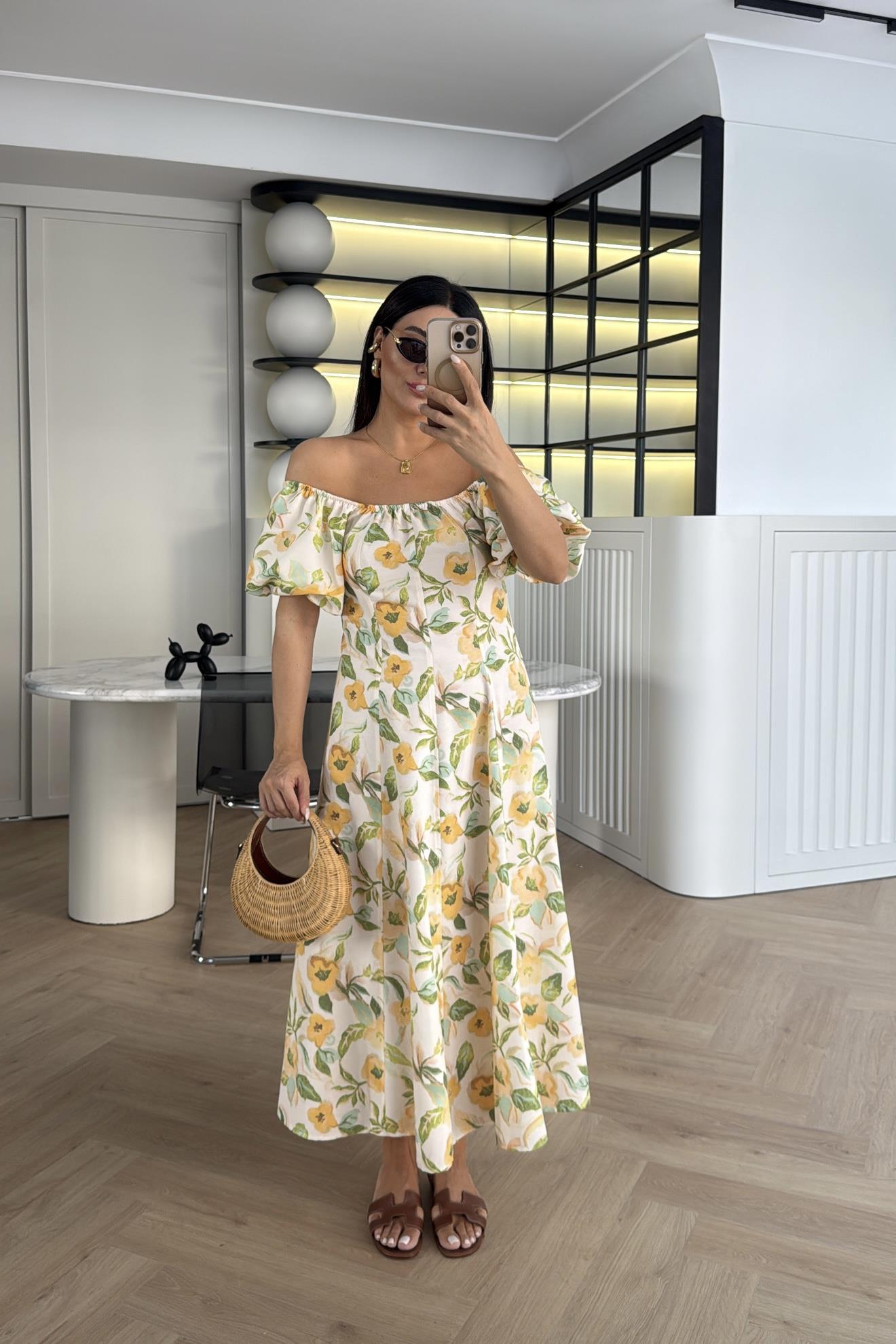 KETEN ÇİÇEKLİ ARKADAN FERMUARLI OMUZ DETAYLI ELBİSE